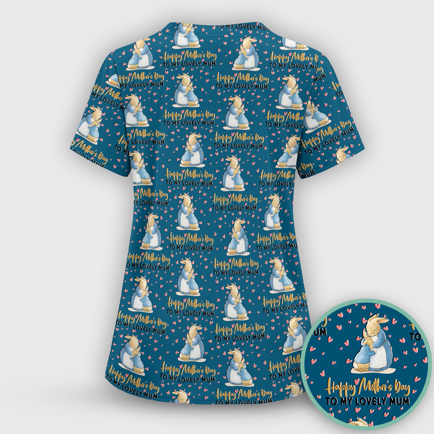 Happy Mothers Day Bunny Love Pattern Scrub Sets, Scrub Pants and V Neck Top