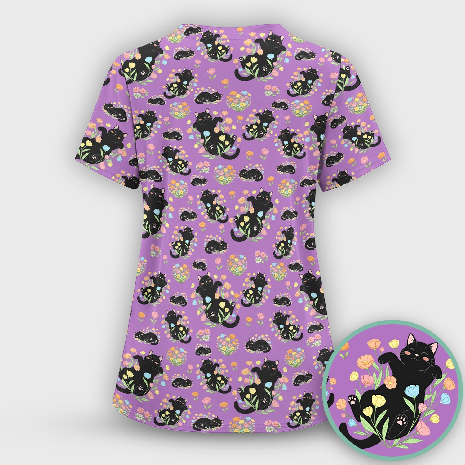Cats With Cute Poses Floral Pattern Scrubs Top, Comfortable Scrubs for Nurses