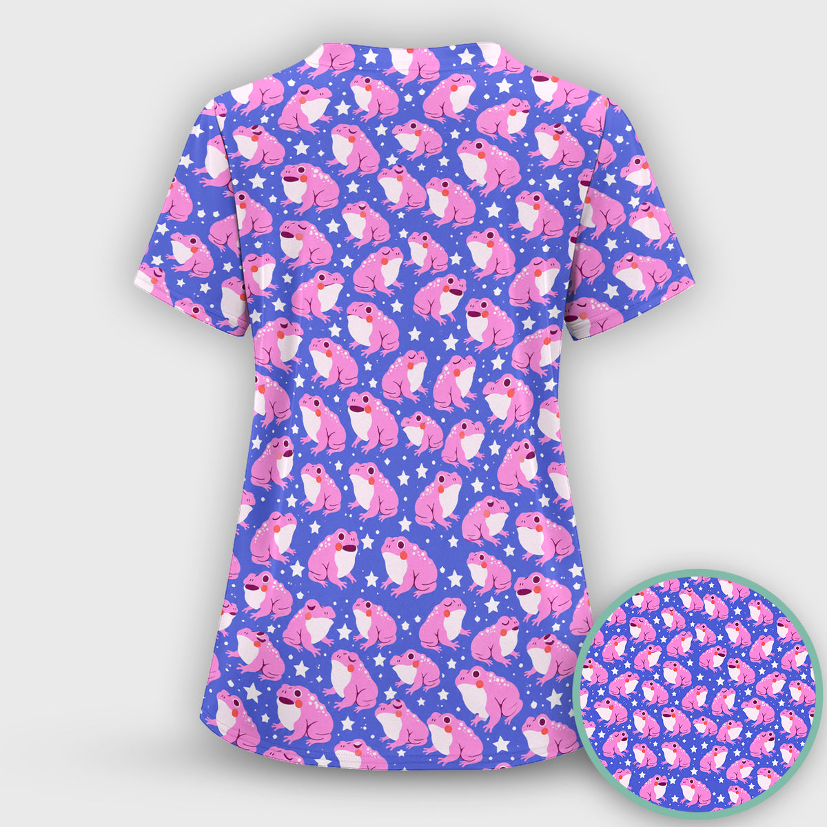 Cute Pink Frogs with Stars Pattern Scrub Top, Comfortable Scrubs for Nurses