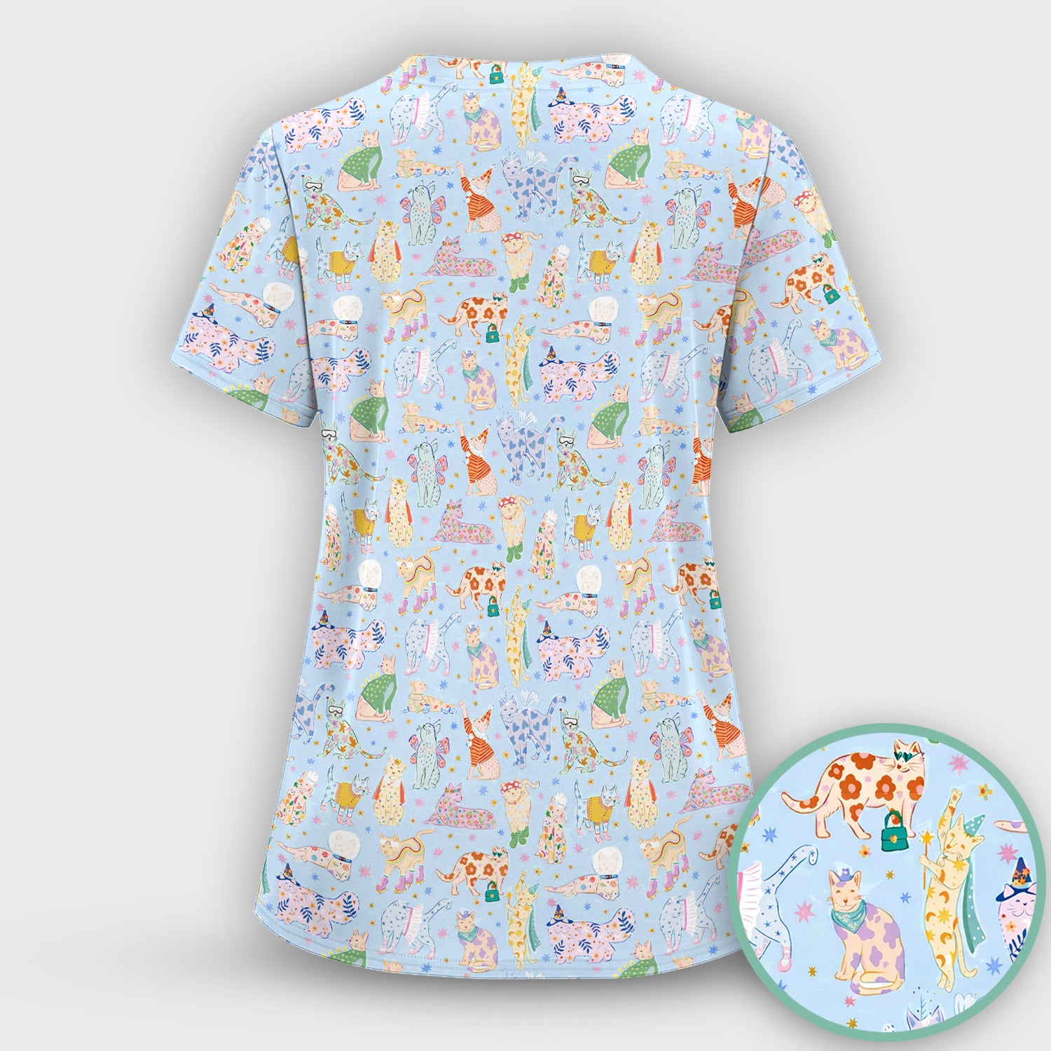 Cute Colorful Cats Pattern Scrub Set, Scrub Pants and V Neck Top