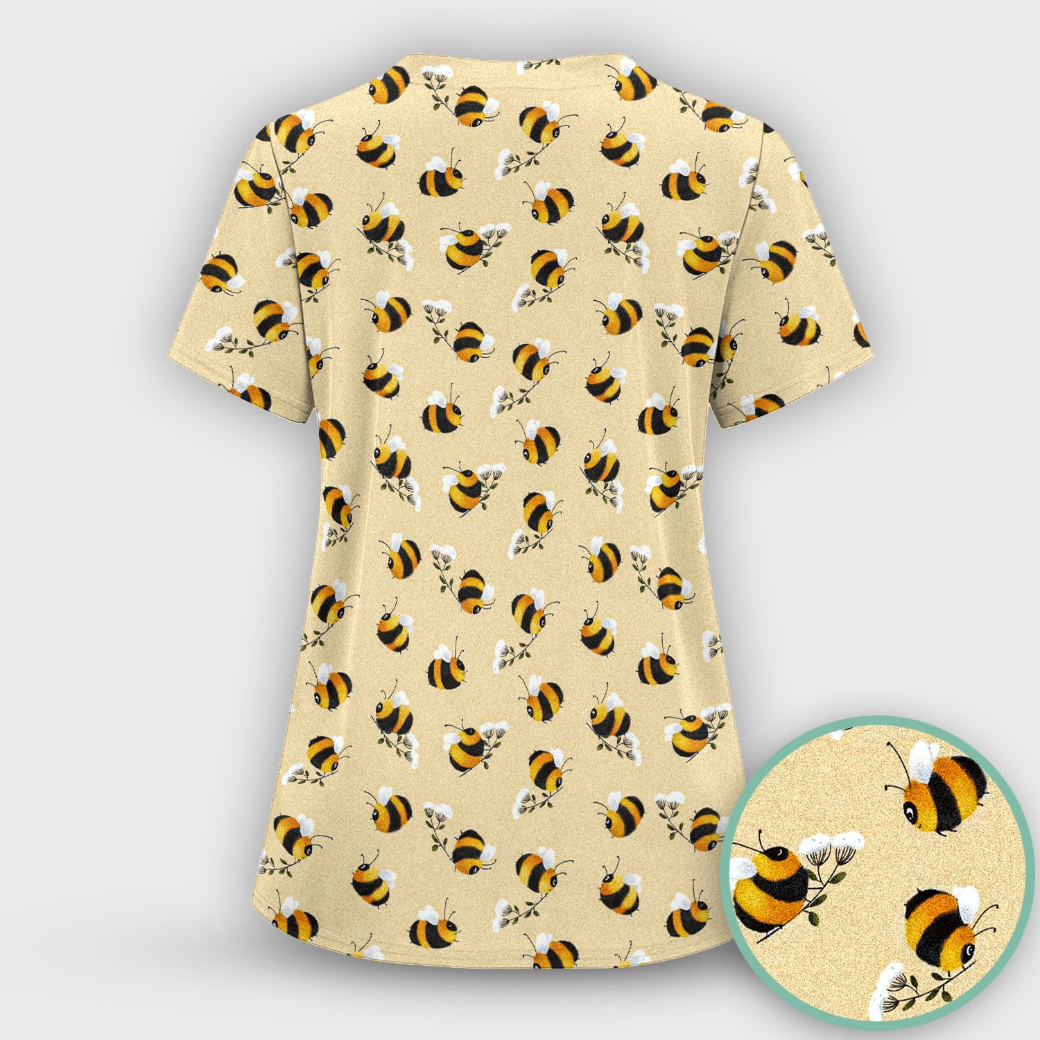 Cute Bumble Bee Blossom Pattern Scrub Set, Scrub Pants and V Neck Top