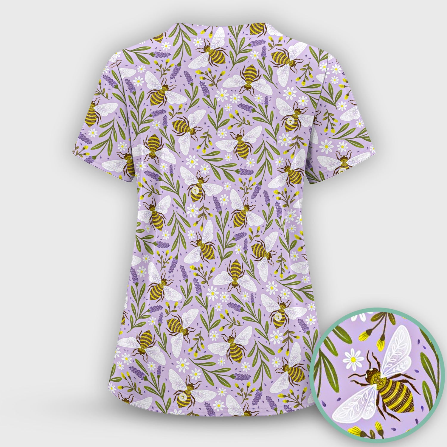 Cute Lavender Bee Floral Pattern Scrub Set, Scrub Pants and V Neck Top