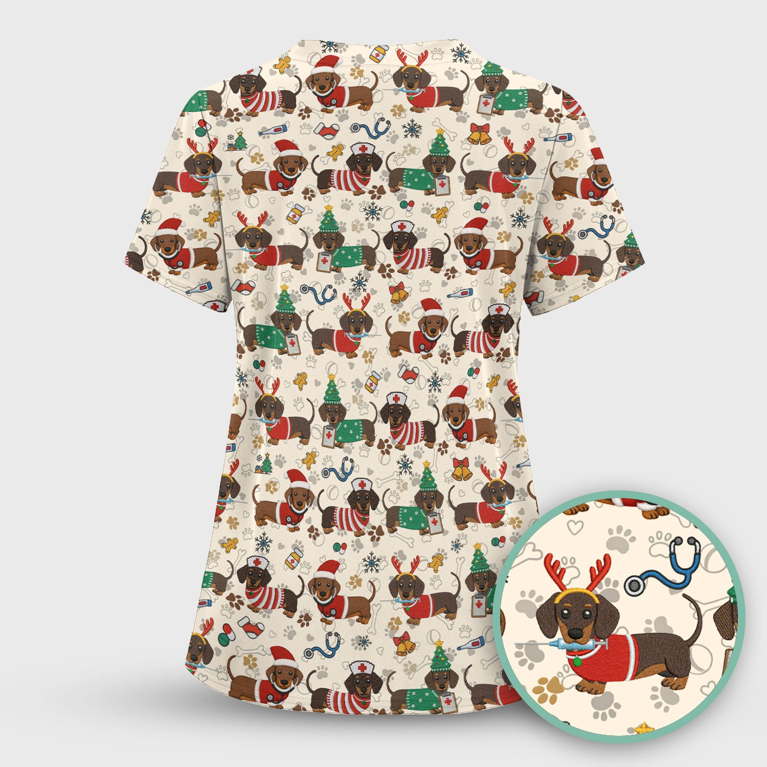 Christmas Dachshund Scrub Top for Nurses - Cute Wiener Dog Pattern Medical Shirt - Festive Holiday Scrubs Gift for Women RN CNA LPN