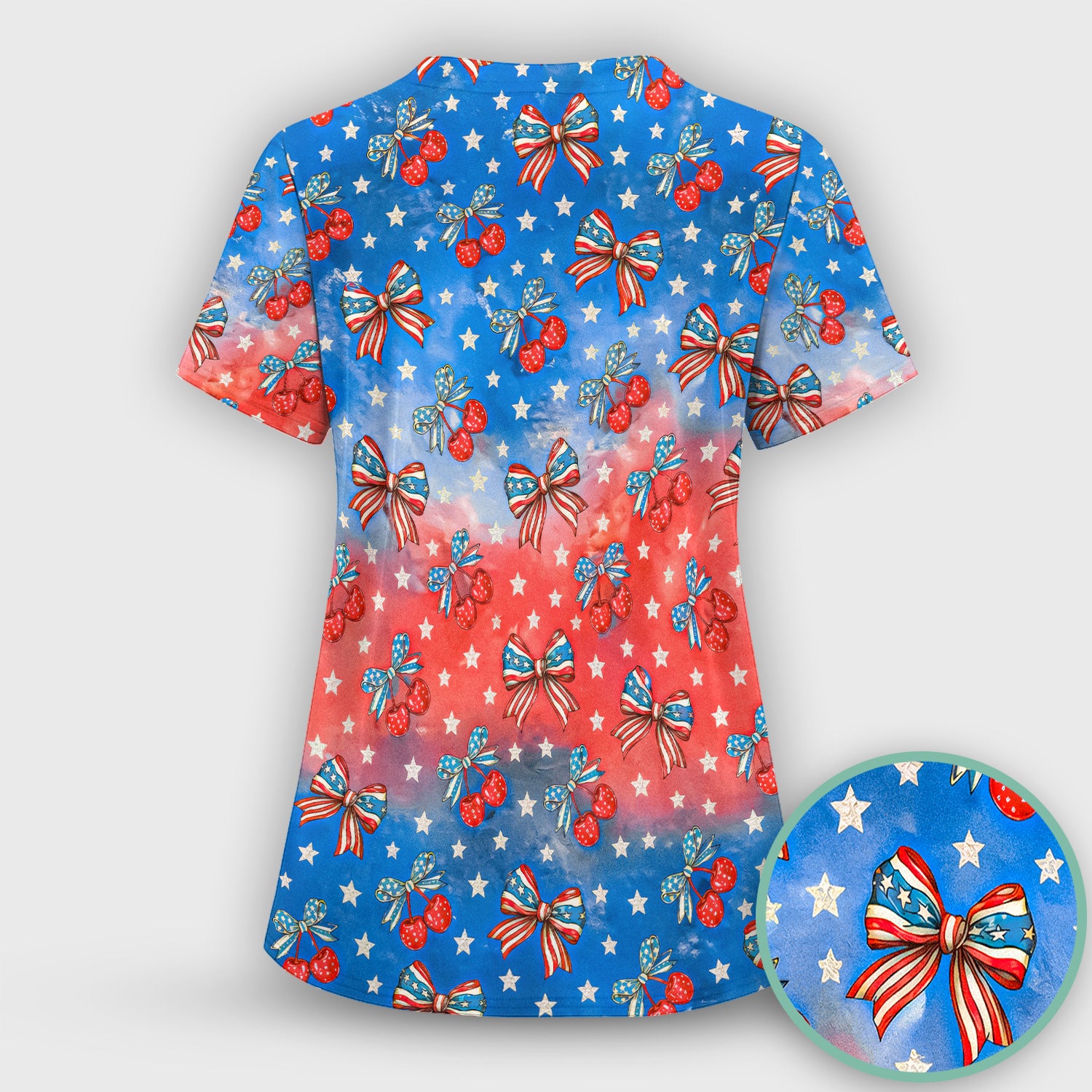 Festive Patriotic Star Bow Cherry Pattern Scrub Set, Scrub Pants and V Neck Top