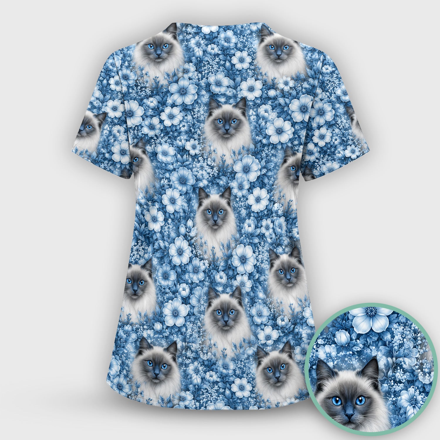Blue Floral Ragdoll Cat Pattern Scrub Top, Comfortable Scrubs for Nurses