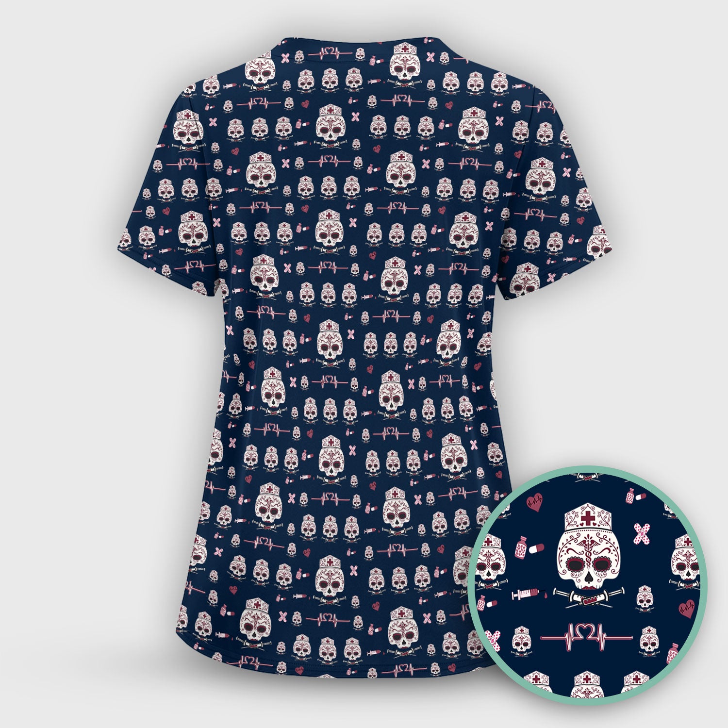 Sugar Skull Scrub Top, Skull Pattern Scrub Shirt, Breathable Fabrics Nursing Uniform