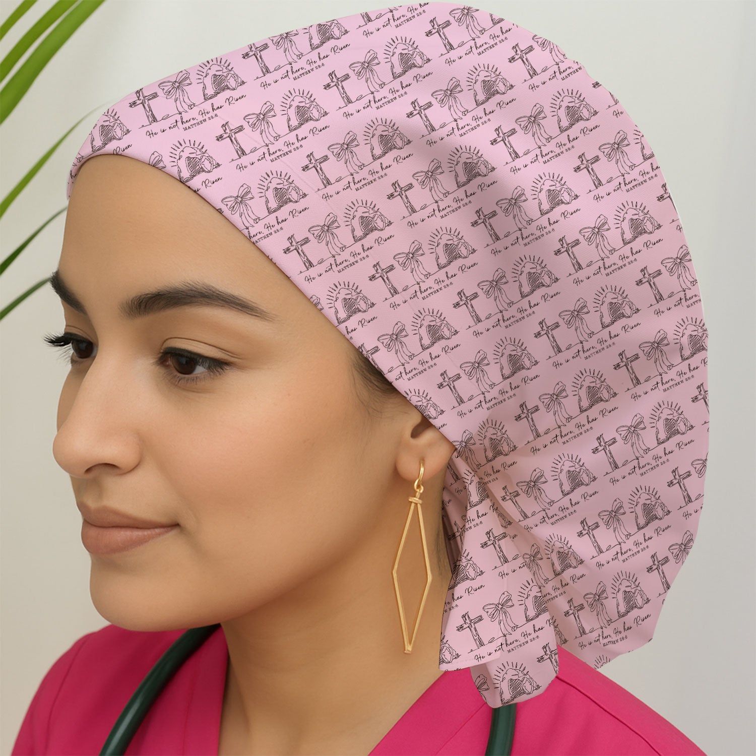 Christian Cross He Is Risen Pattern Caps, Bouffant Scrub Caps for Women