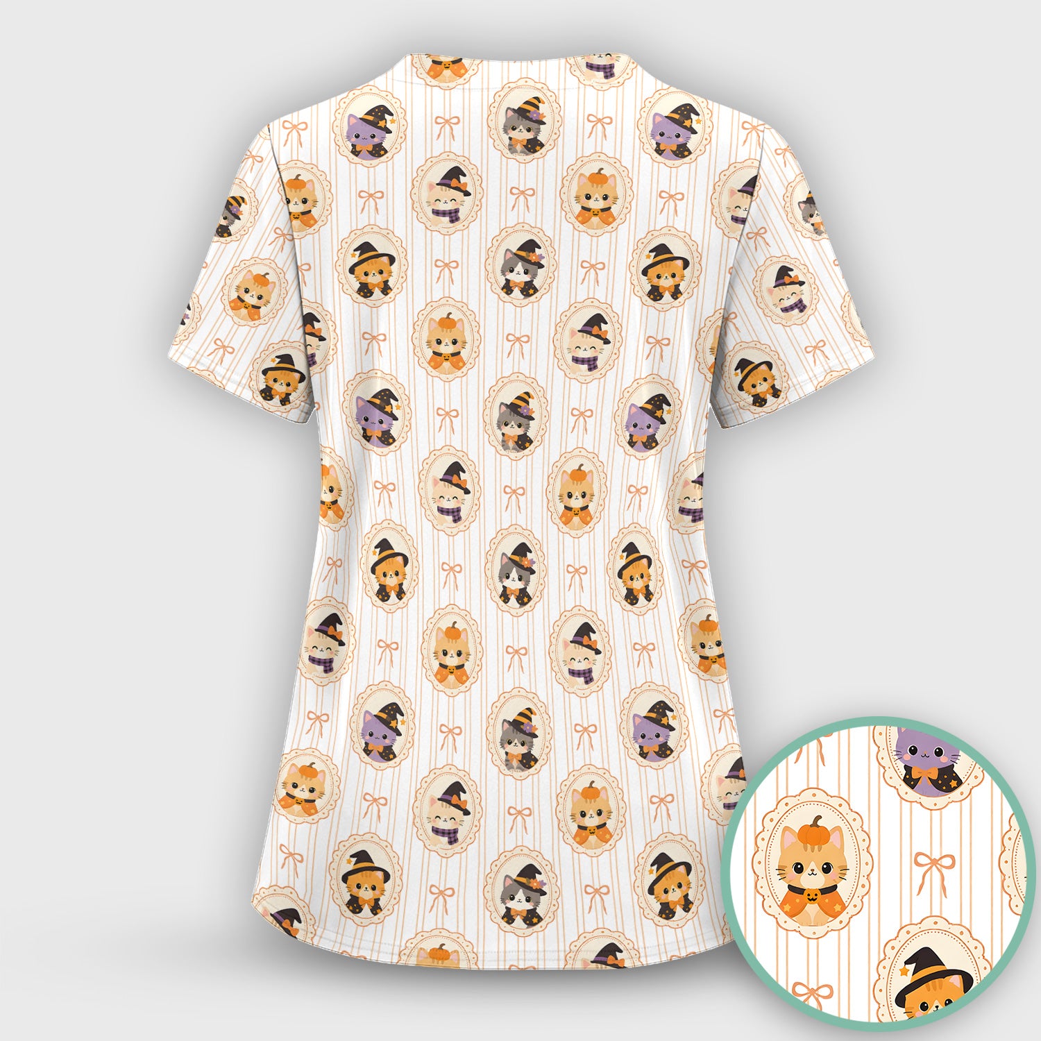 Cute Halloween Cat Stripe Pattern Scrub Set, Scrub Pants and V Neck Top