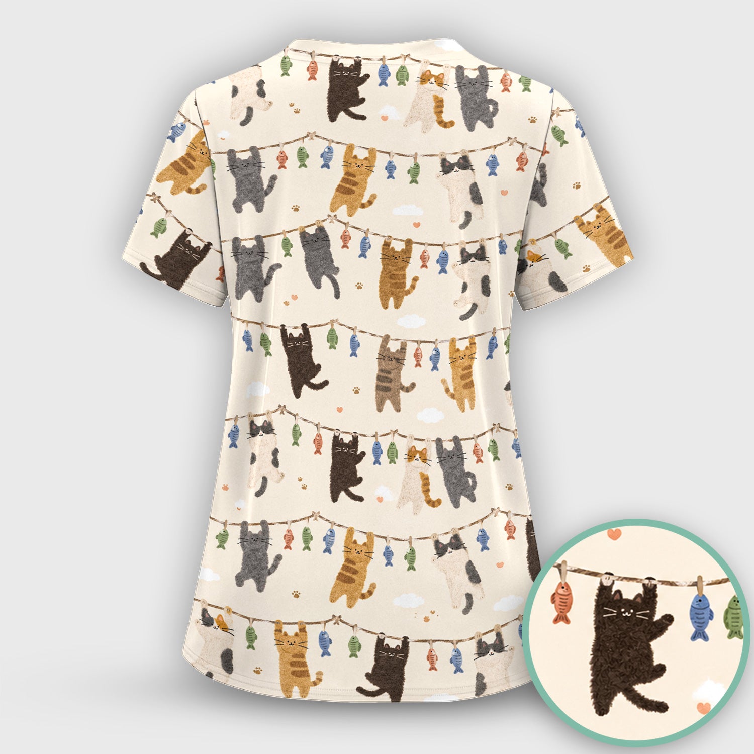 Cute Hanging Cat Fishline Pattern Scrub Set, Scrub Pants and V Neck Top