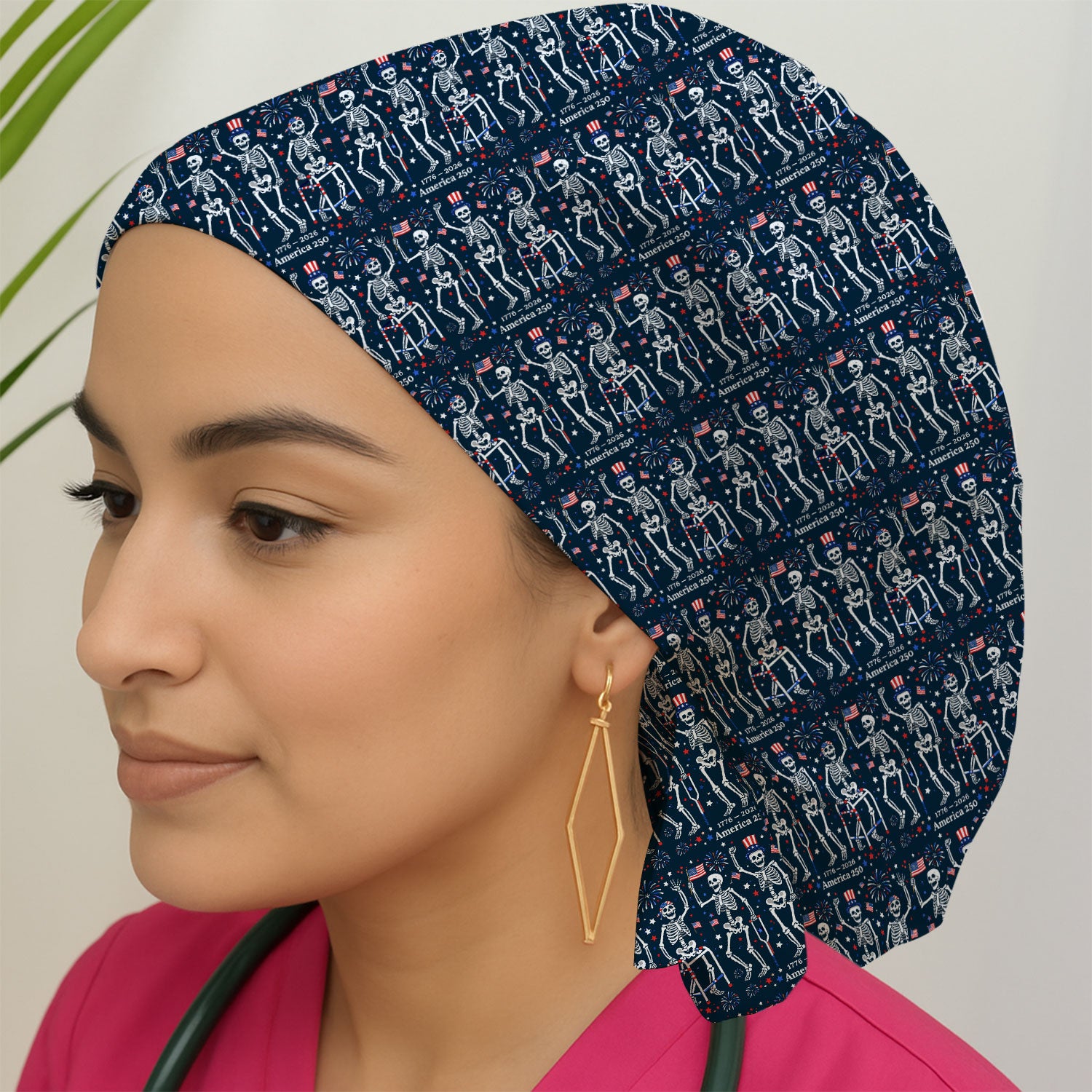 Festive Patriotic Skeleton America 250 Pattern Scrub Cap, Breathable Fabrics Caps Uniform