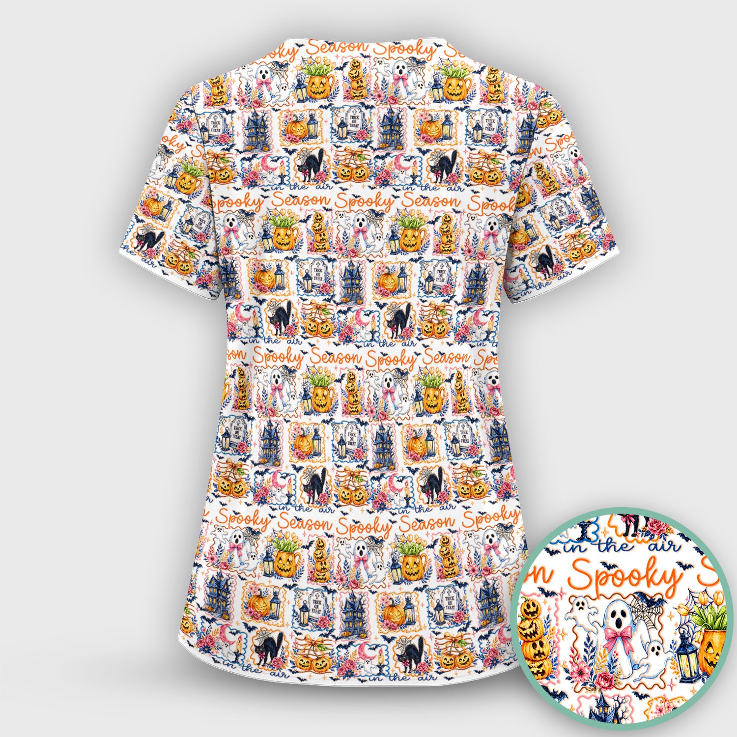 Spooky Halloween Pumpkin Ghost Pattern Scrub Set, Scrub Pants and V Neck Top