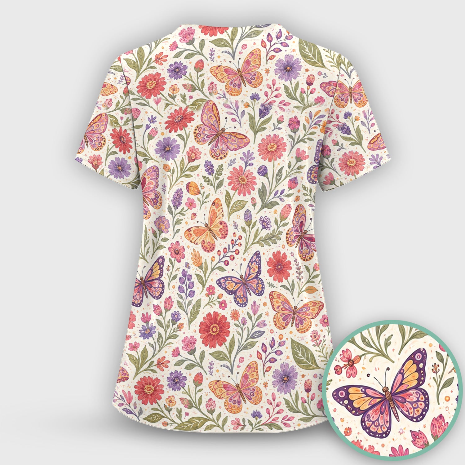 Floral Butterfly Pediatric Nurse Pattern Scrub Set, Scrub Pants and V Neck Top