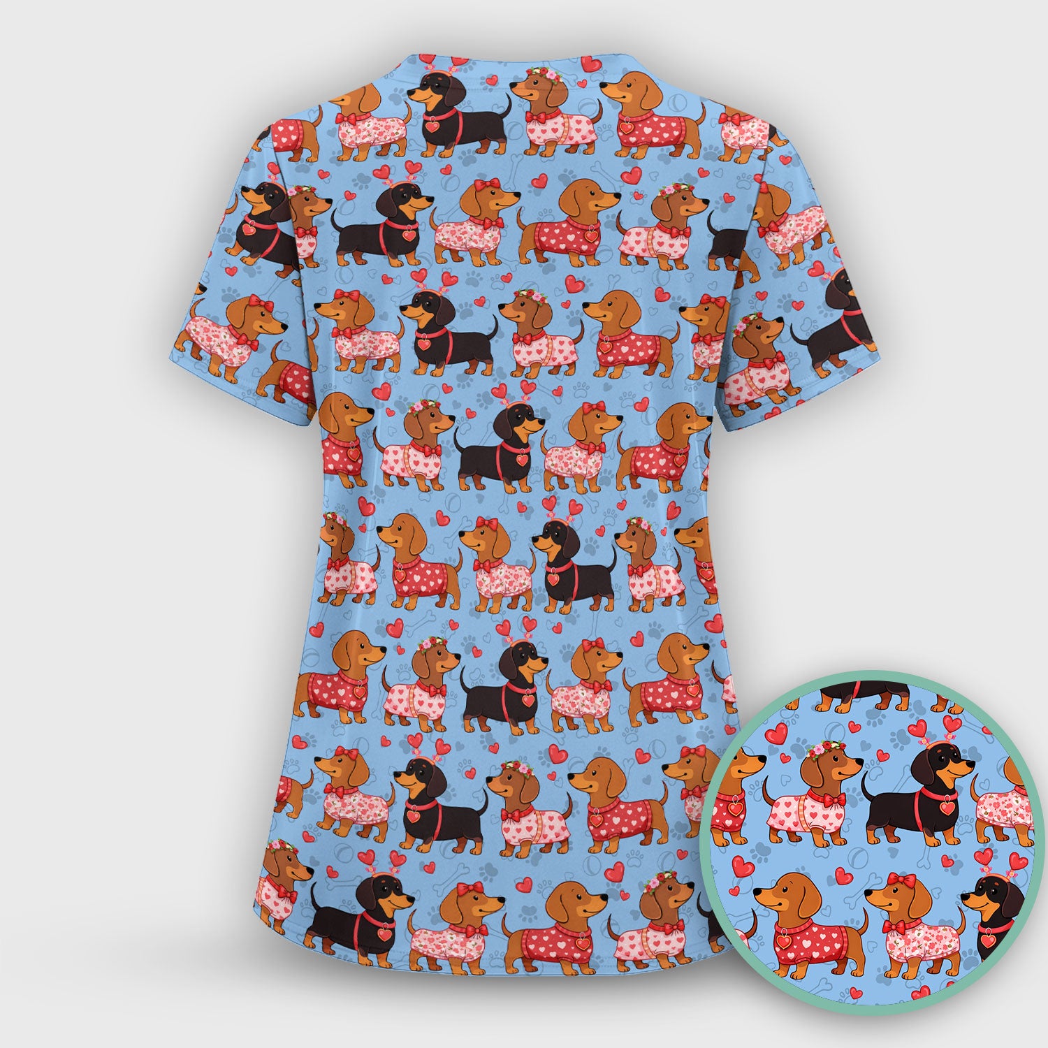Valentine Dachshund Scrub Top, Wiener Dog Love Pattern Nurse Shirt, Breathable Fabrics Nursing Uniform