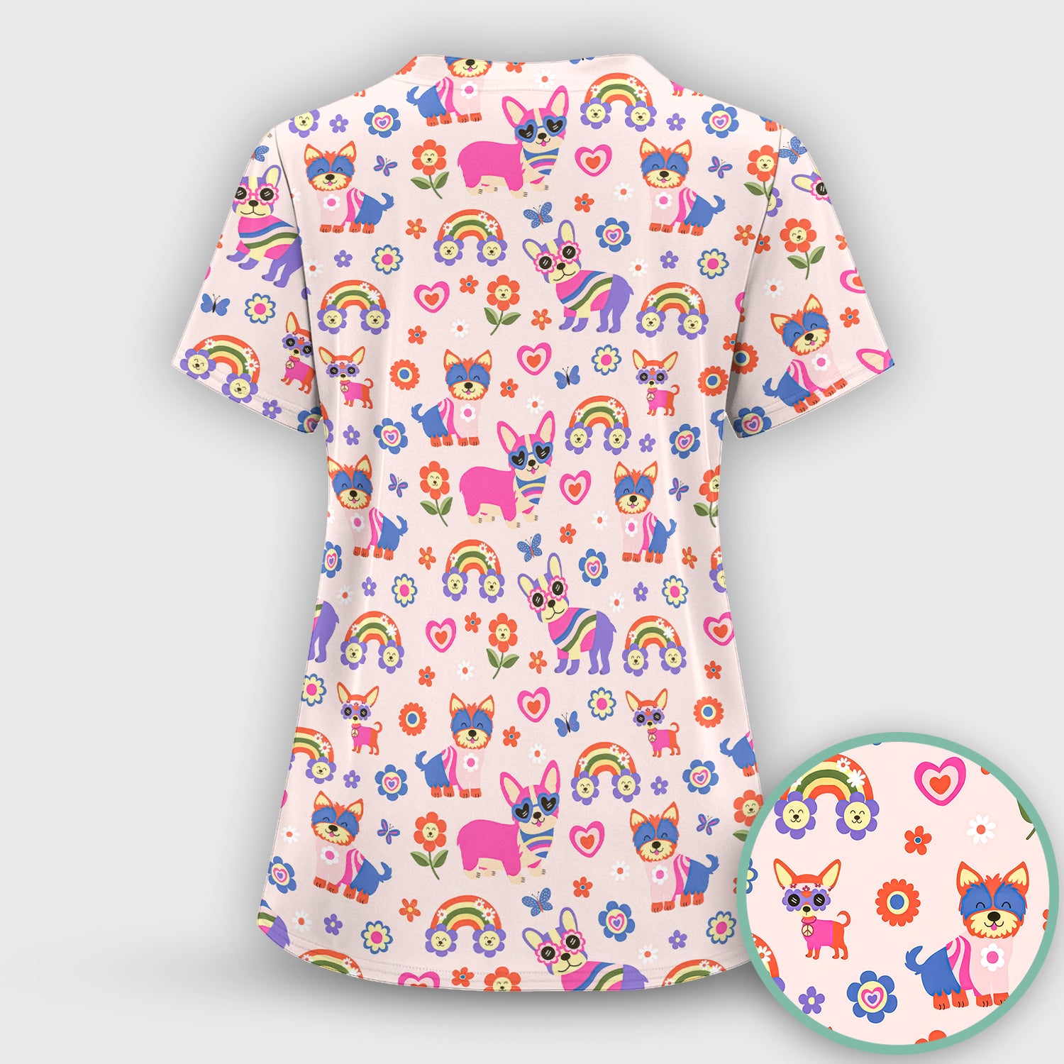Colorful Cartoon Dogs With Rainbow Flowers Pattern Pattern Scrub Set, Scrub Pants and V Neck Top