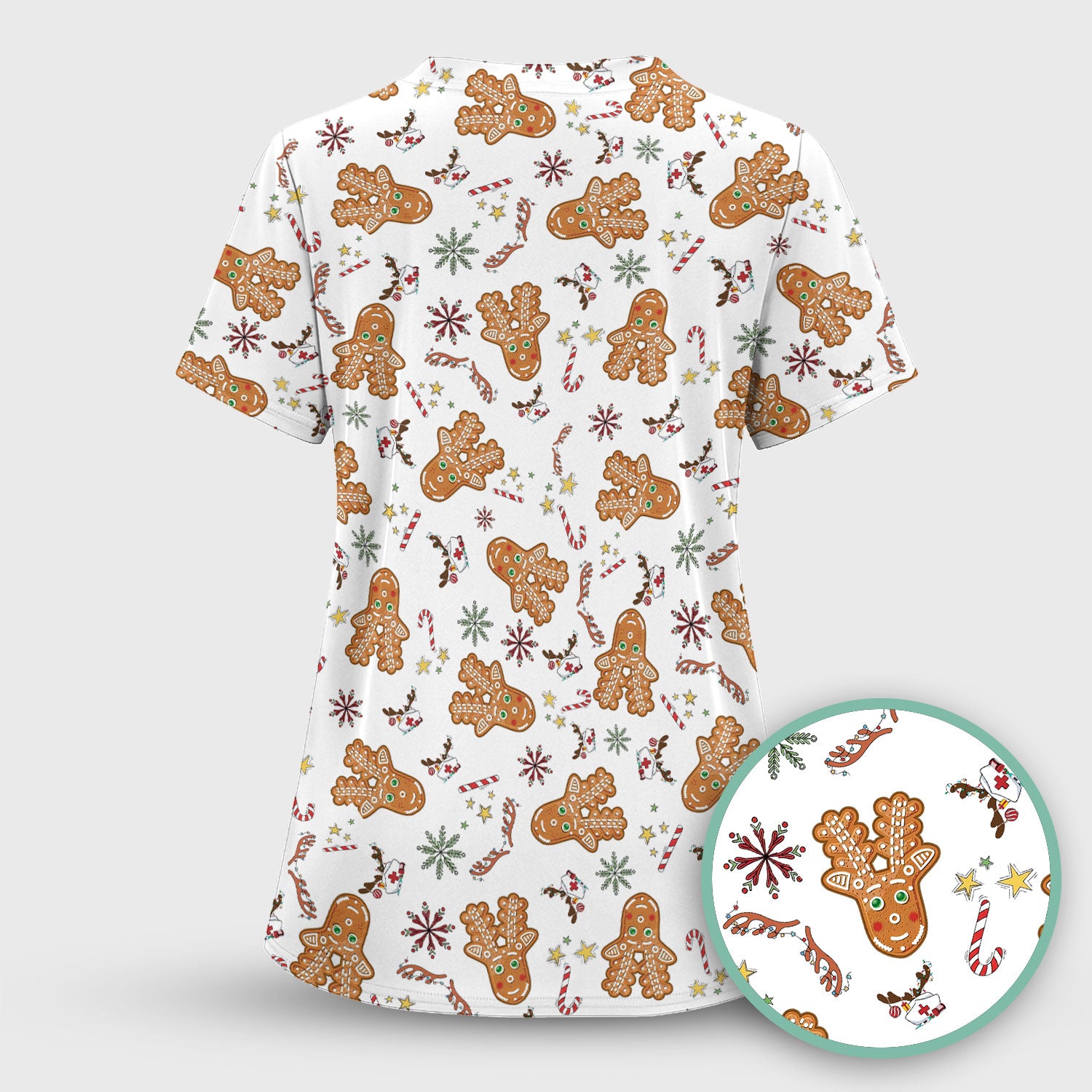 Gingerbread Cookies Reindeer Scrub Top - Funny Christmas Gingerbread Breathable Med Uniform - Comfortable Scrubs for RN CNA LPN
