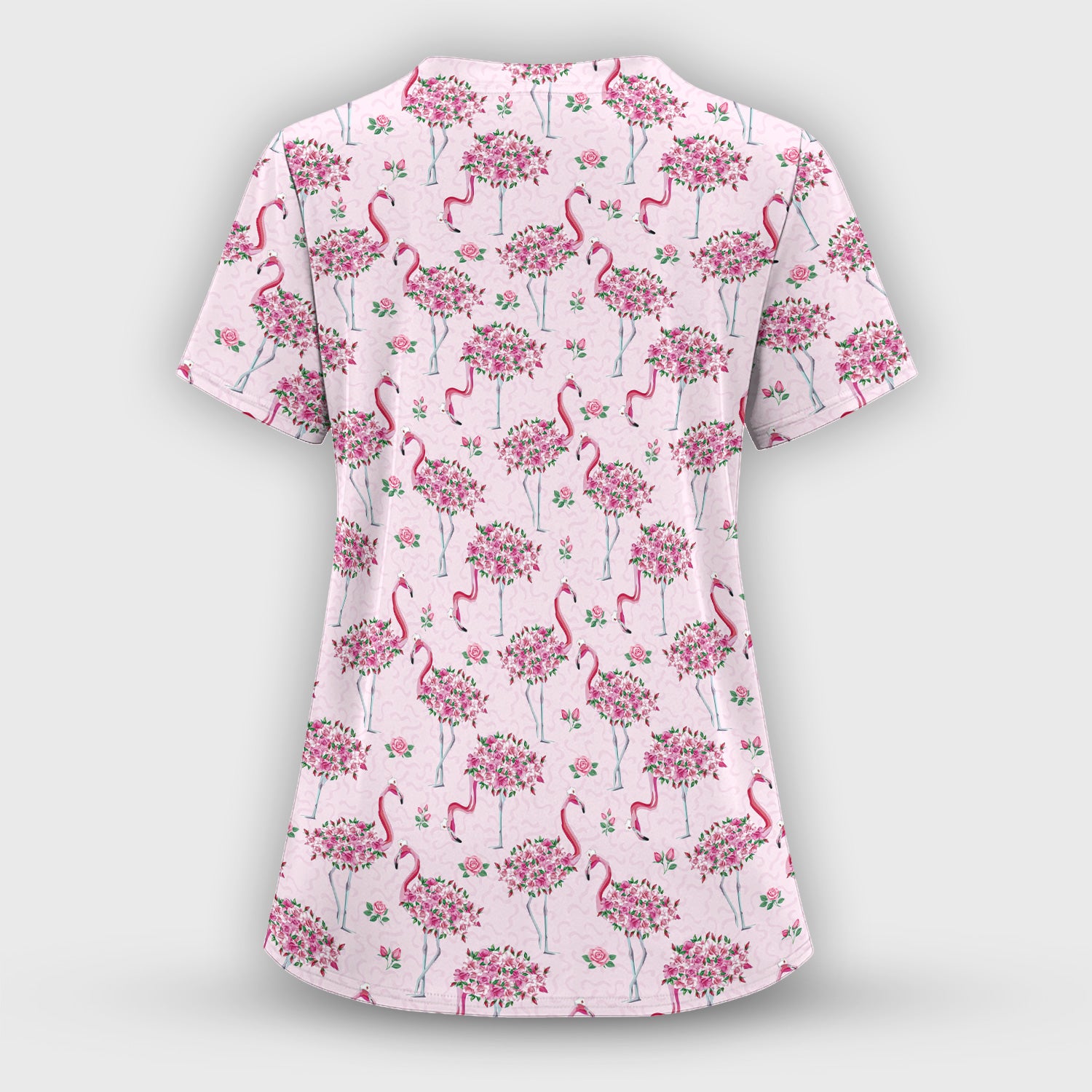 Pink Flamingo Floral Pattern Scrub Top, Comfortable Scrubs for Nurses