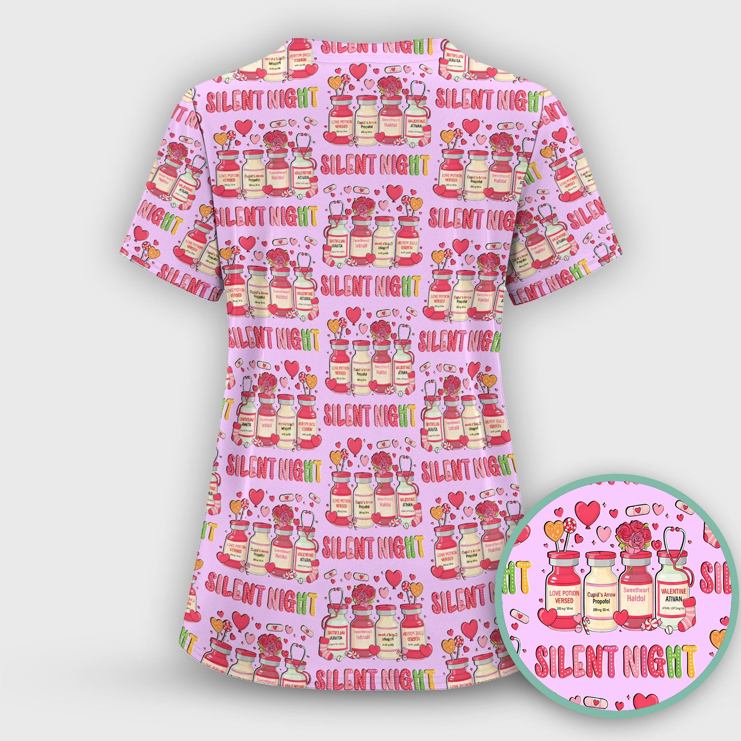Valentine Silent Night Love Design Scrubs Set, Breathable Med Uniform