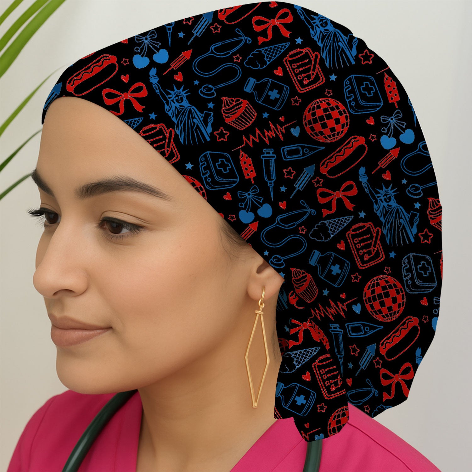 Patriotic Nurse Medical Icons Pattern Print Cap, Bouffant Scrub Caps for Women