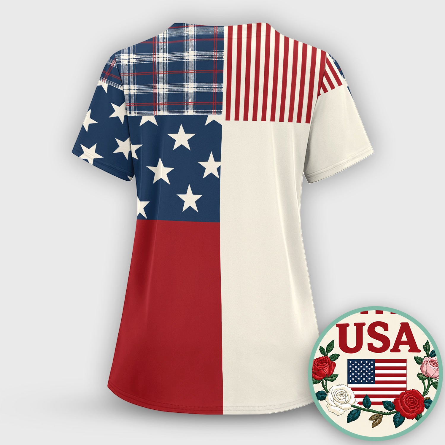 USA Flag Rose Patchwork Pattern Scrub Set, Scrub Pants and V Neck Top