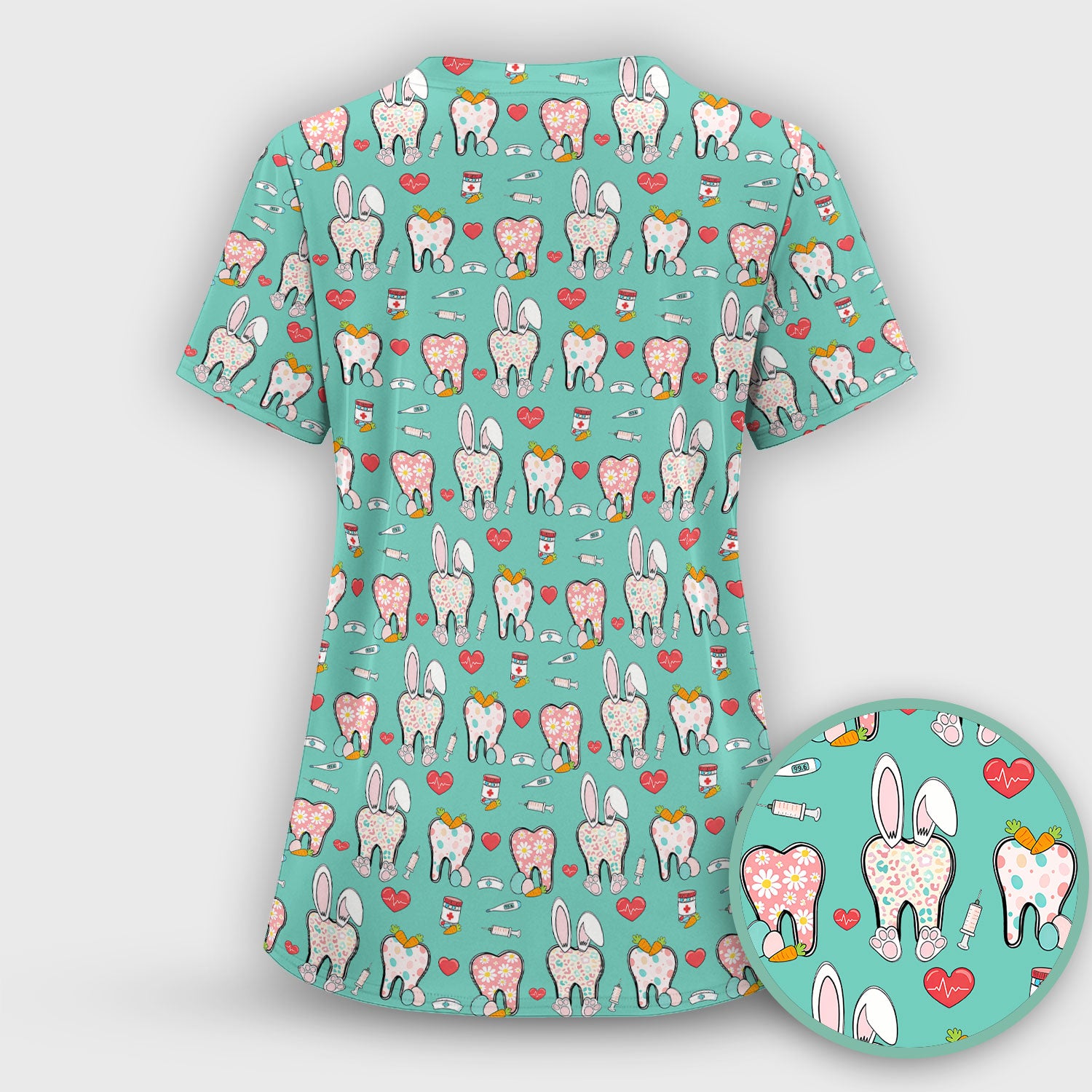 Playful Bunny Dentist Illustration Medical Scrub Top, Comfortable Scrubs for Nurses, Easter