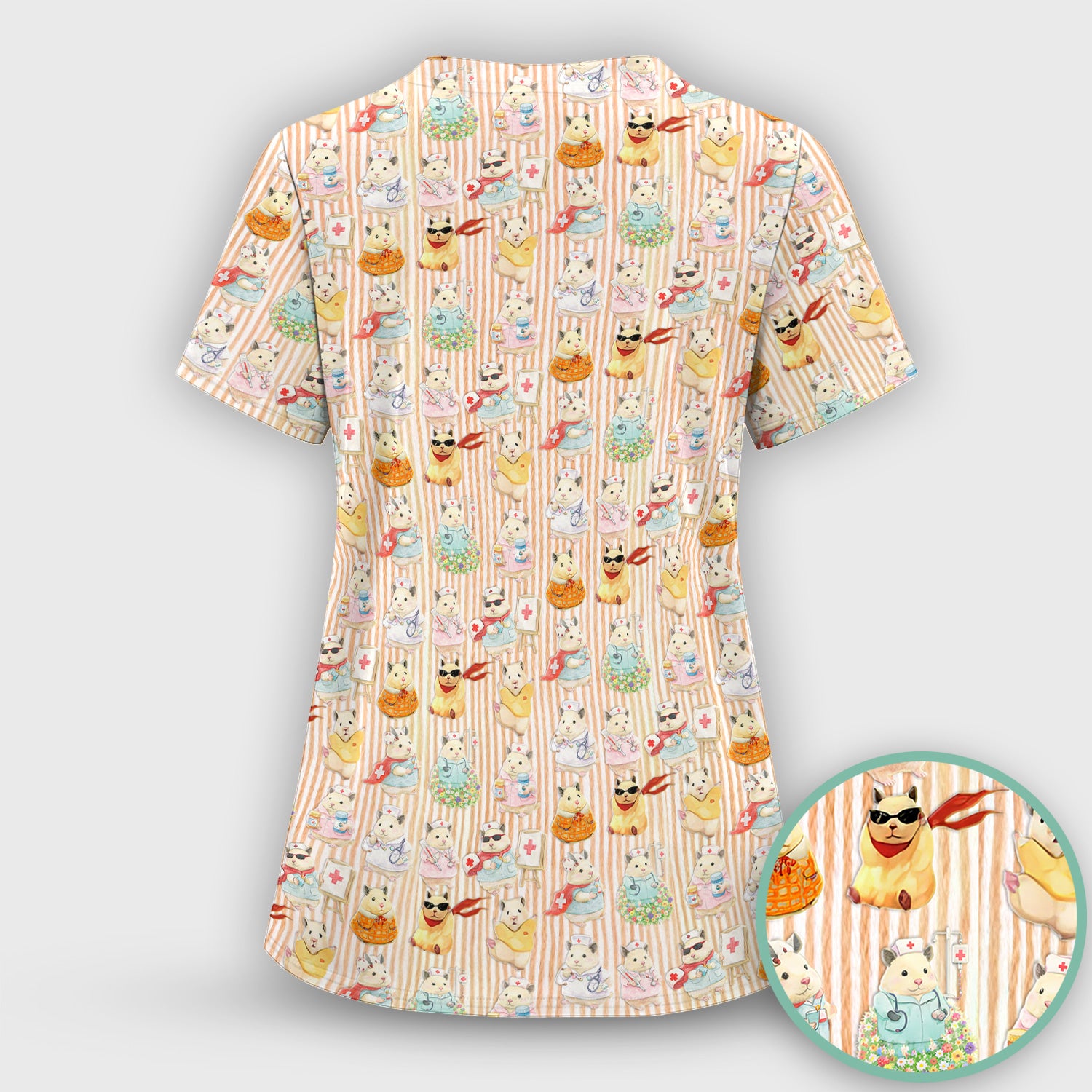 Cute Nurse Hamster Pattern Scrubs Sets, Scrub Pants and V Neck Top