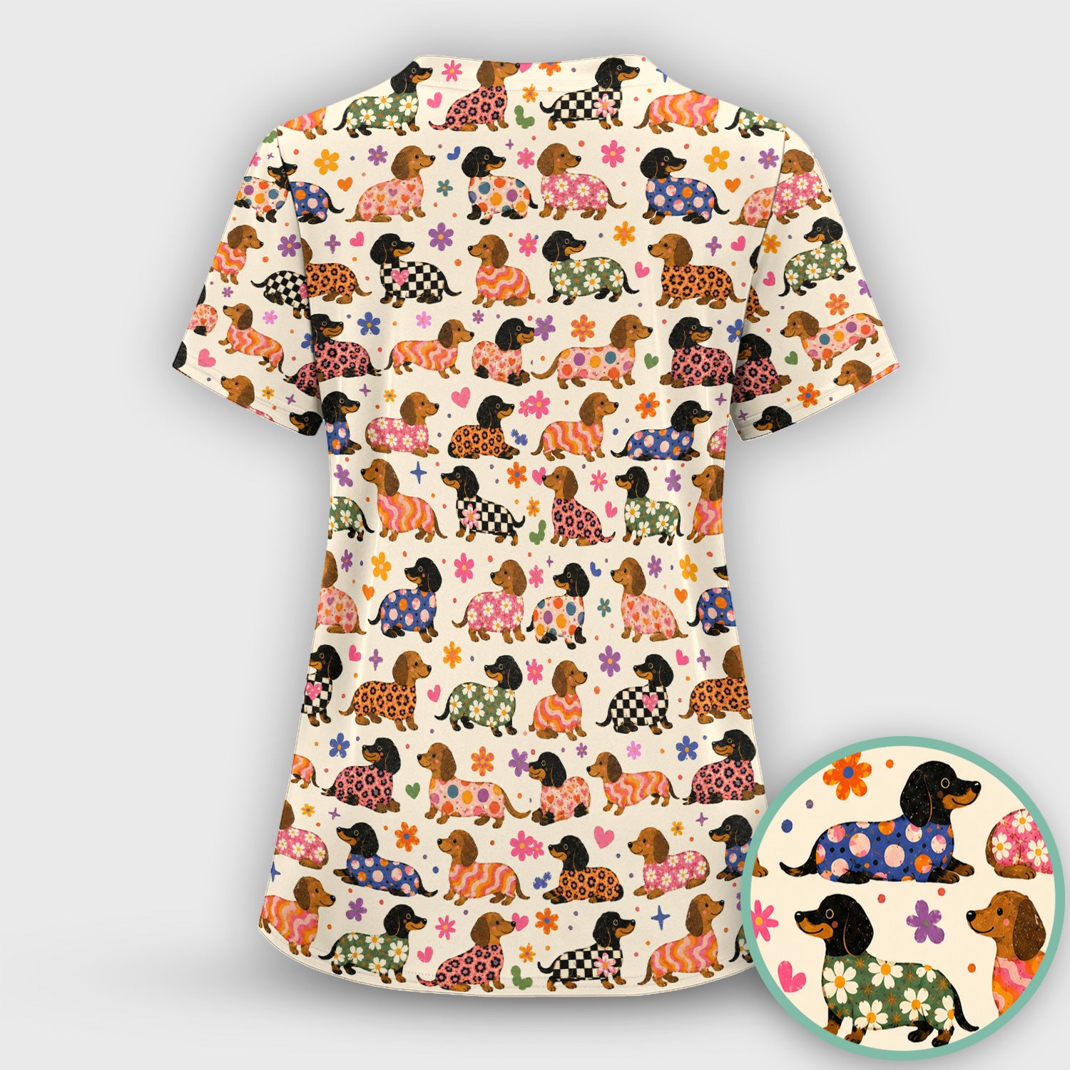 Floral Dachshund Print Scrub Set, Scrub Pants and V Neck Top
