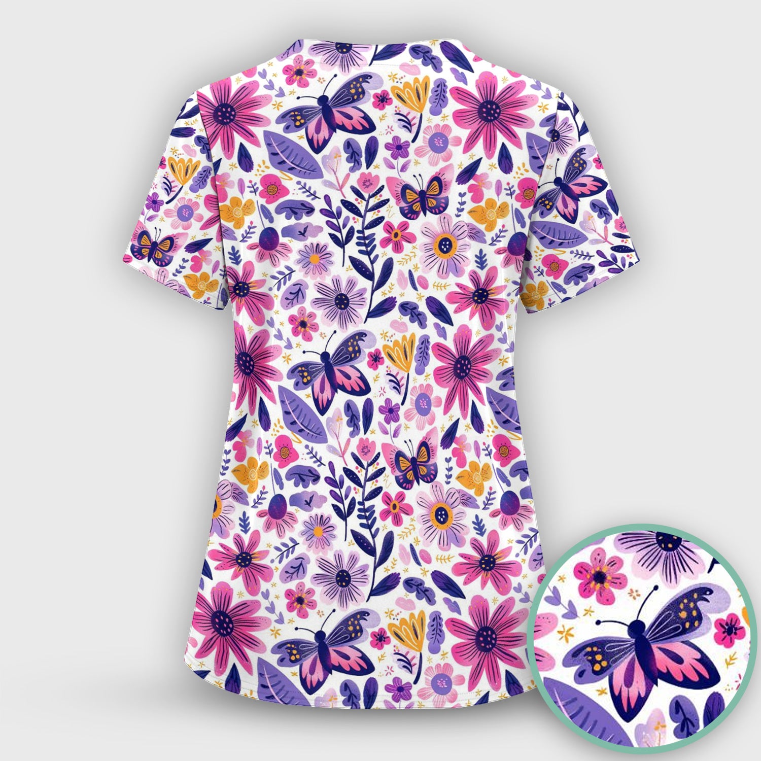 Cute Butterfly Wildflower Garden Pattern Scrub Top, Comfortable Scrubs for Nurses