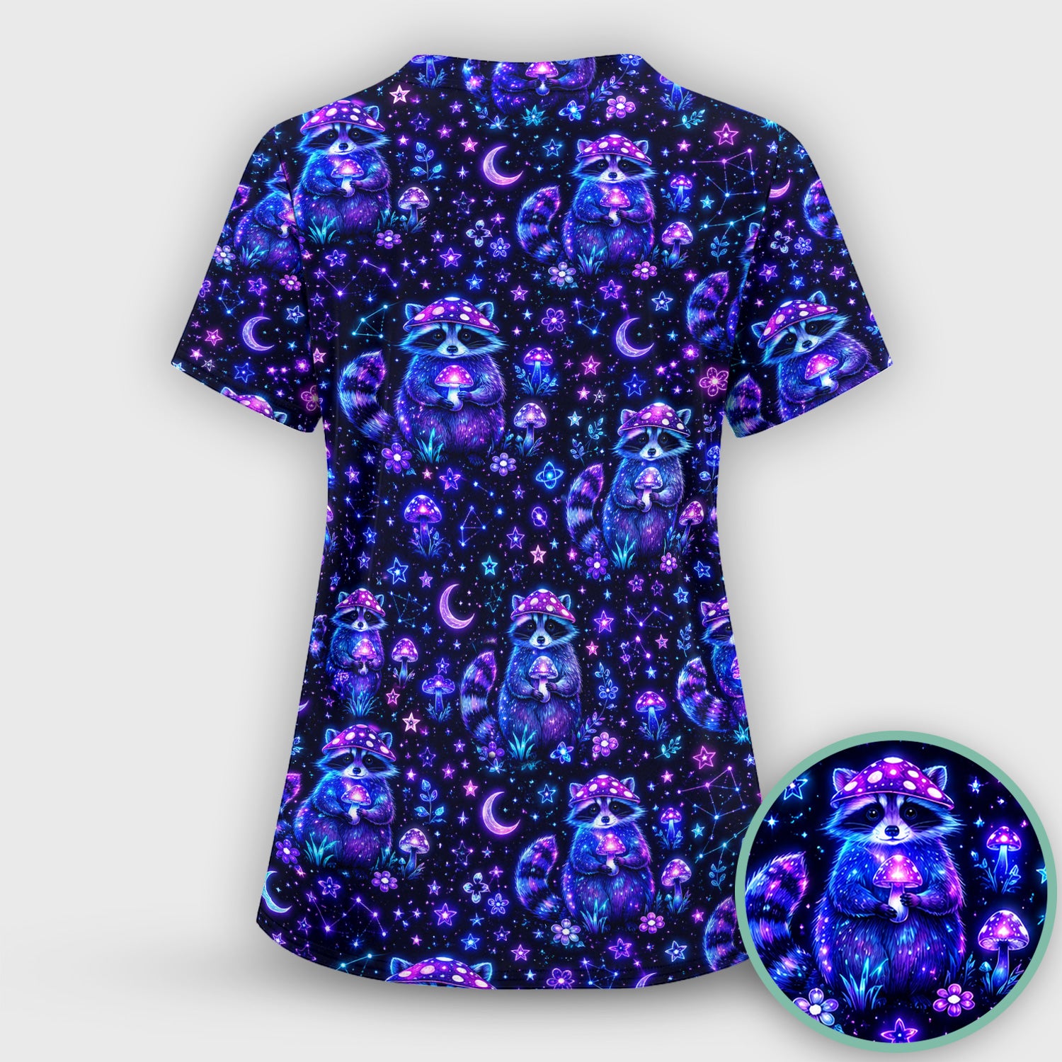 Neon Mushroom Raccoon Nurse Pattern Scrub Set, Scrub Pants and V Neck Top