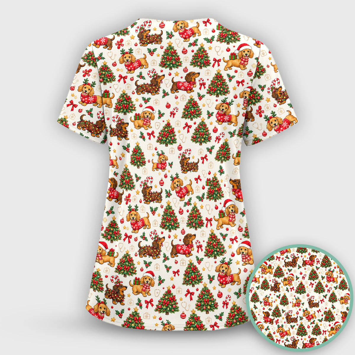 Cute Christmas Dachshund And Tree Pattern Scrub Top, Comfortable Scrubs for Nurses