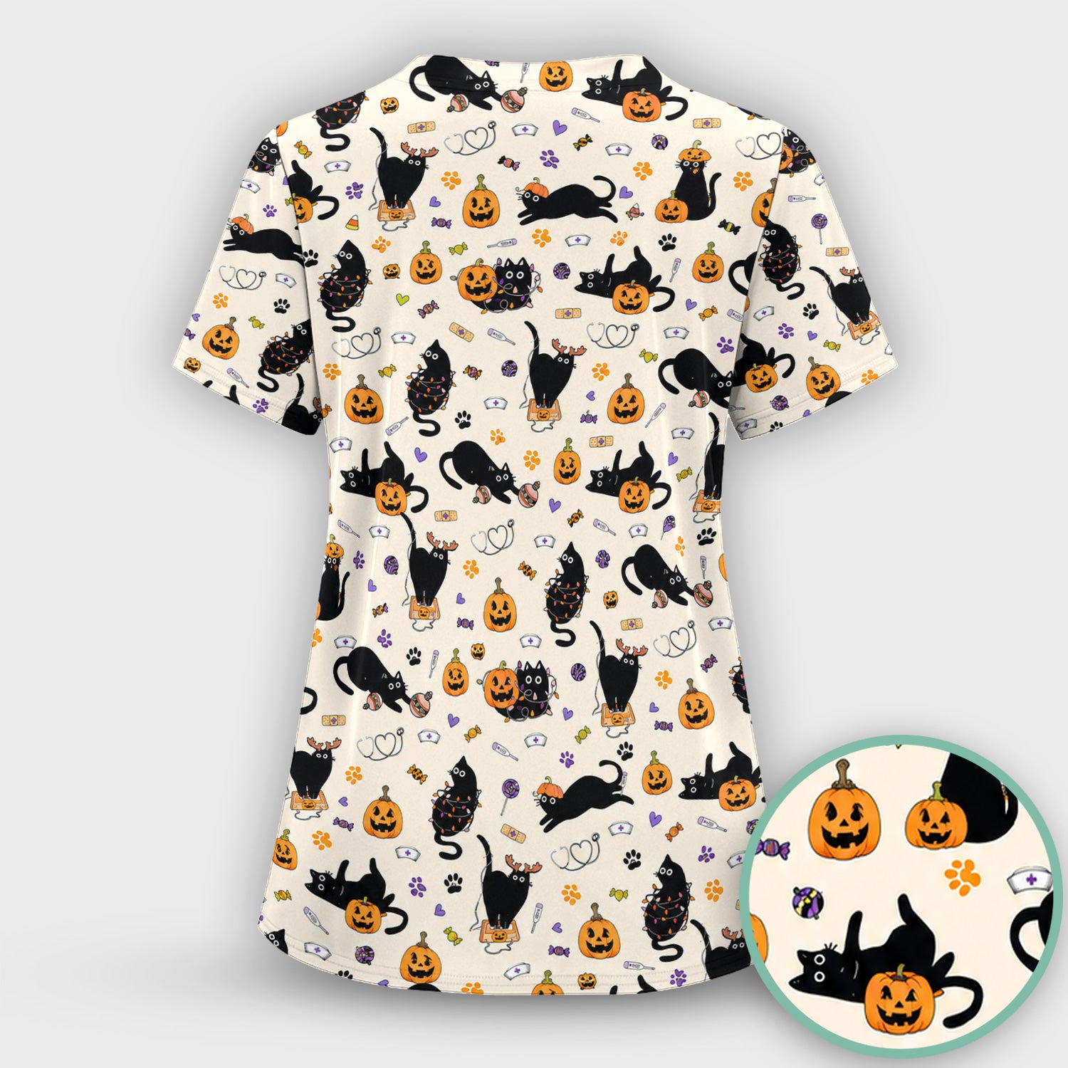 Pumpkin Black Cat Pattern Scrub Set, Scrub Pants and V Neck Top