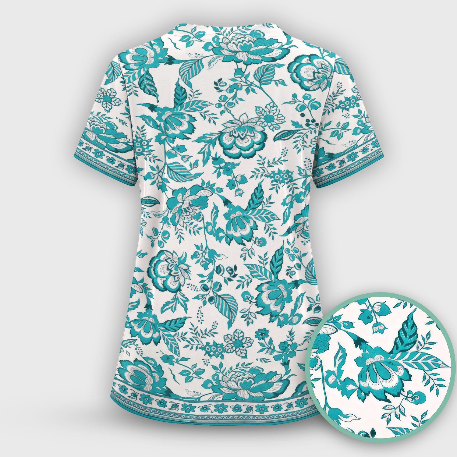 Toile De Jouy Scrub Top For Women, Floral Pattern Nurse Shirt, Comfortable Scrubs For Nursing