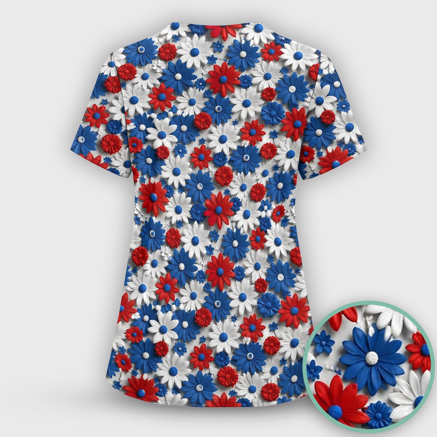 Patriotic Red Blue Daisy Floral Pattern Scrub Set, Scrub Pants and V Neck Top