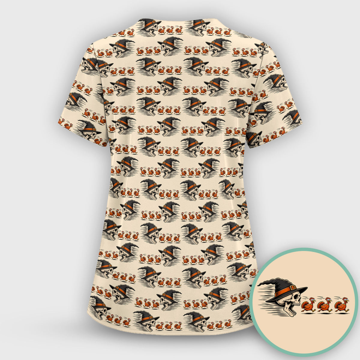 Funny Thanksgiving Skull Chasing Turkeys Pattern Scrub Top, Comfortable Scrubs for Nurses