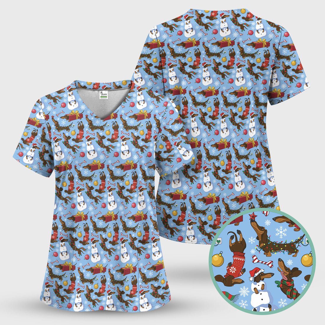 Christmas Nurse Scrubs for Women - Dachshund Dog & Snowman Print - Custom Multi Color Nursing Shirt Holiday Gift