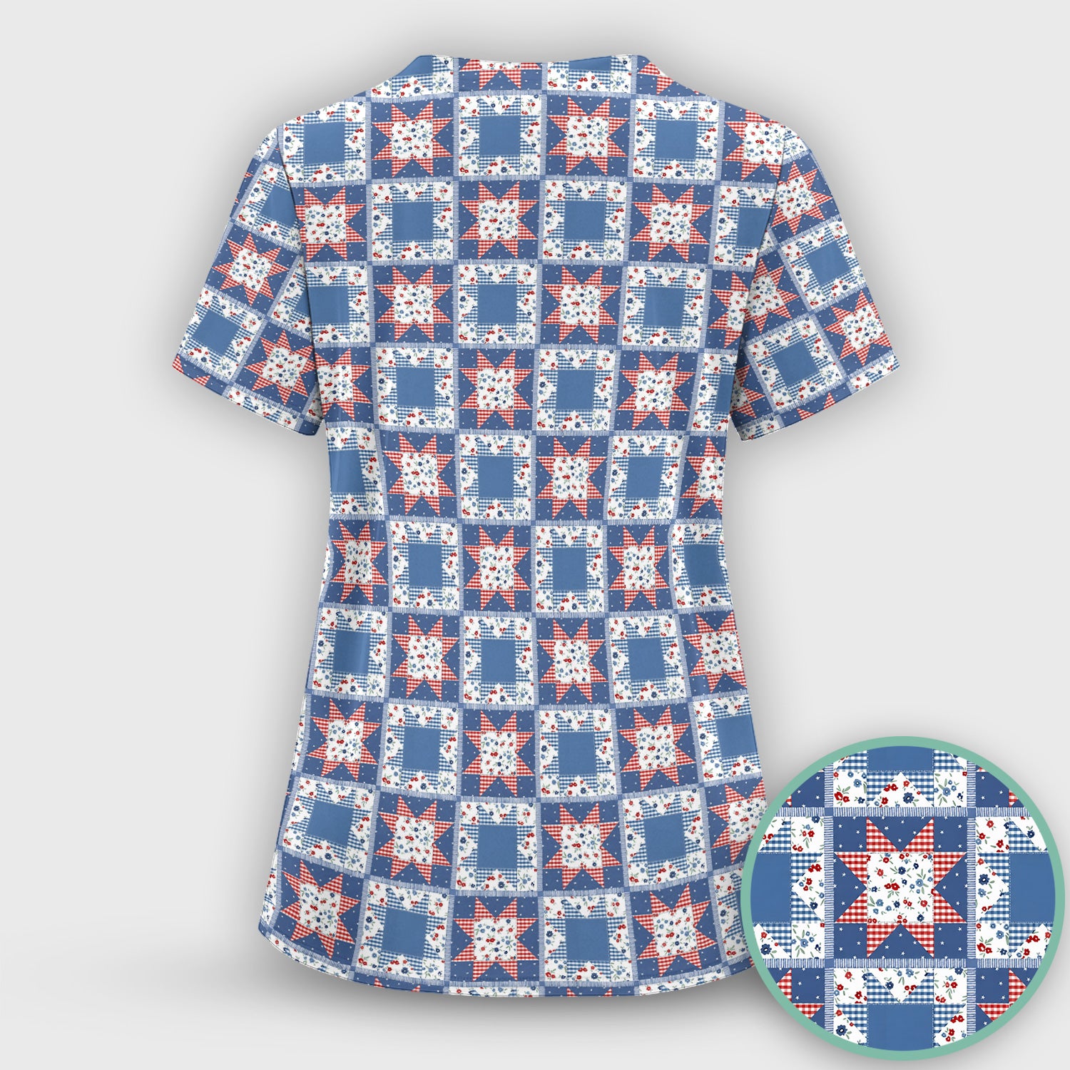 Vintage Patchwork Star Quilt Pattern Scrub Set, Scrub Pants and V Neck Top