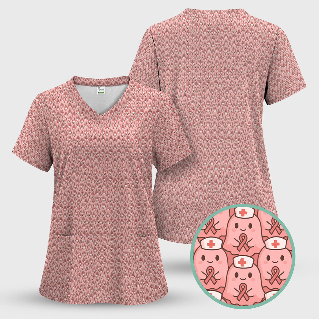 Cute Breast Cancer Awareness Scrub Top - Kawaii Pink Ribbon Ghost Pattern Design - Gift for ER RN LPN Women