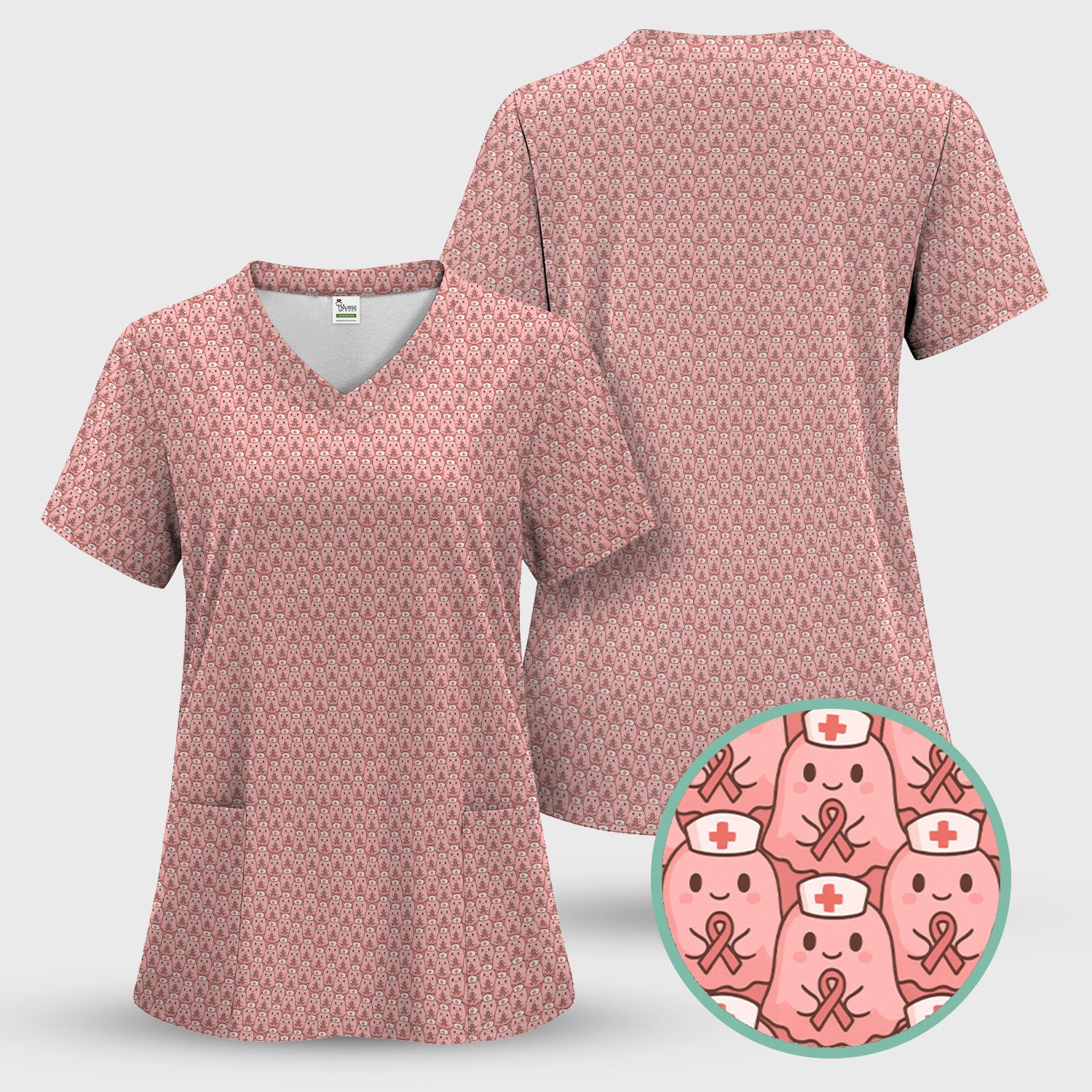 Cute Breast Cancer Awareness Scrub Top - Kawaii Pink Ribbon Ghost Pattern Design - Gift for ER RN LPN Women