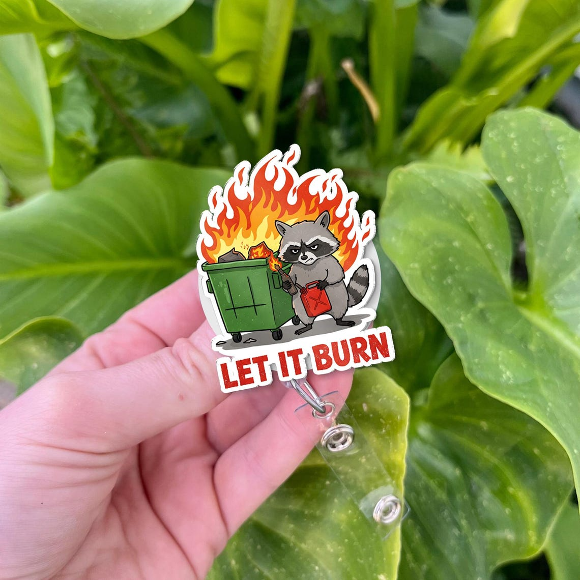 Funny Raccoon Badge Reel, Let It Burn Dumpster Fire ID Holder, Gift for RN LPN CNA ER