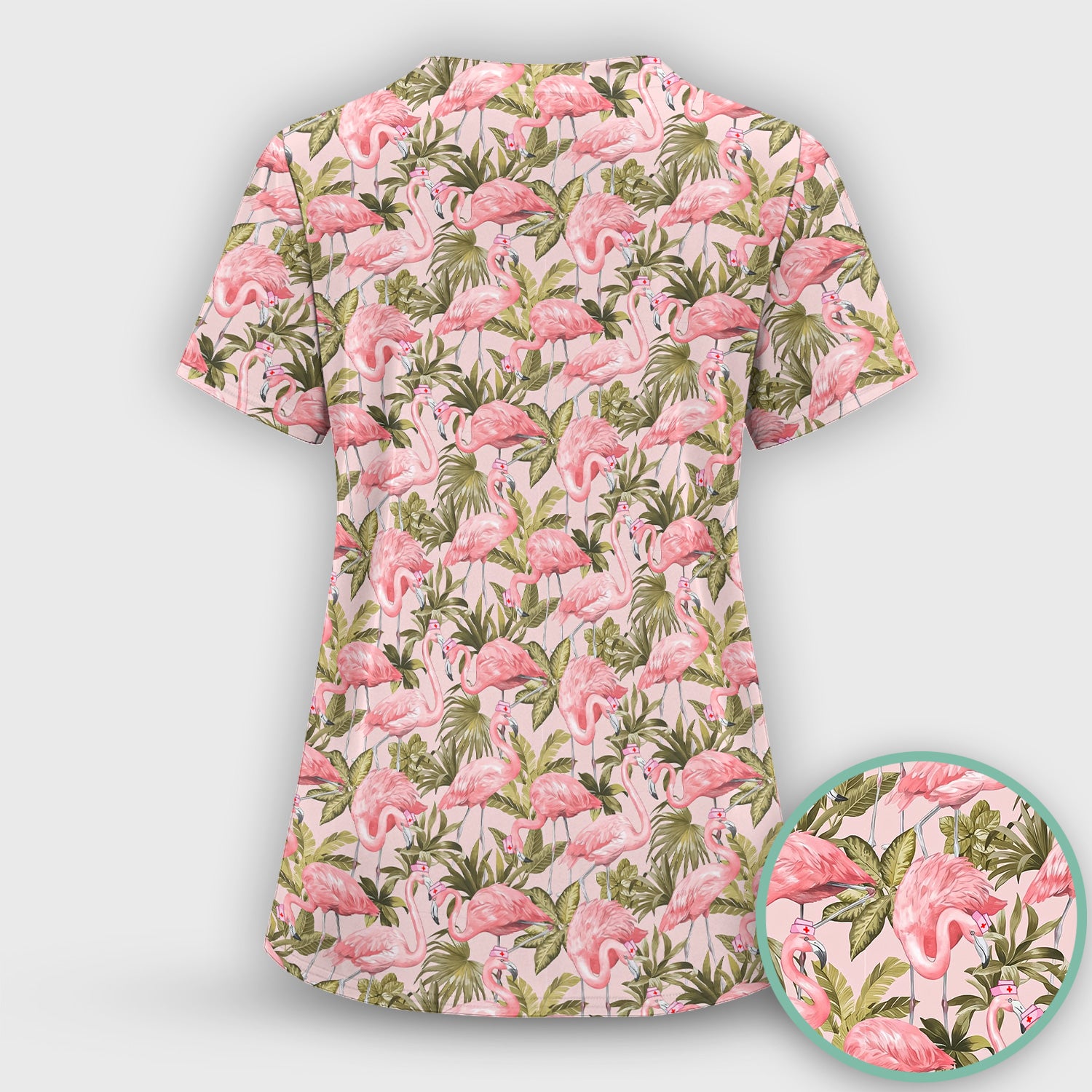 Pink Flamingo Jungle Leaves Pattern Scrub Set, Scrub Pants and V Neck Top