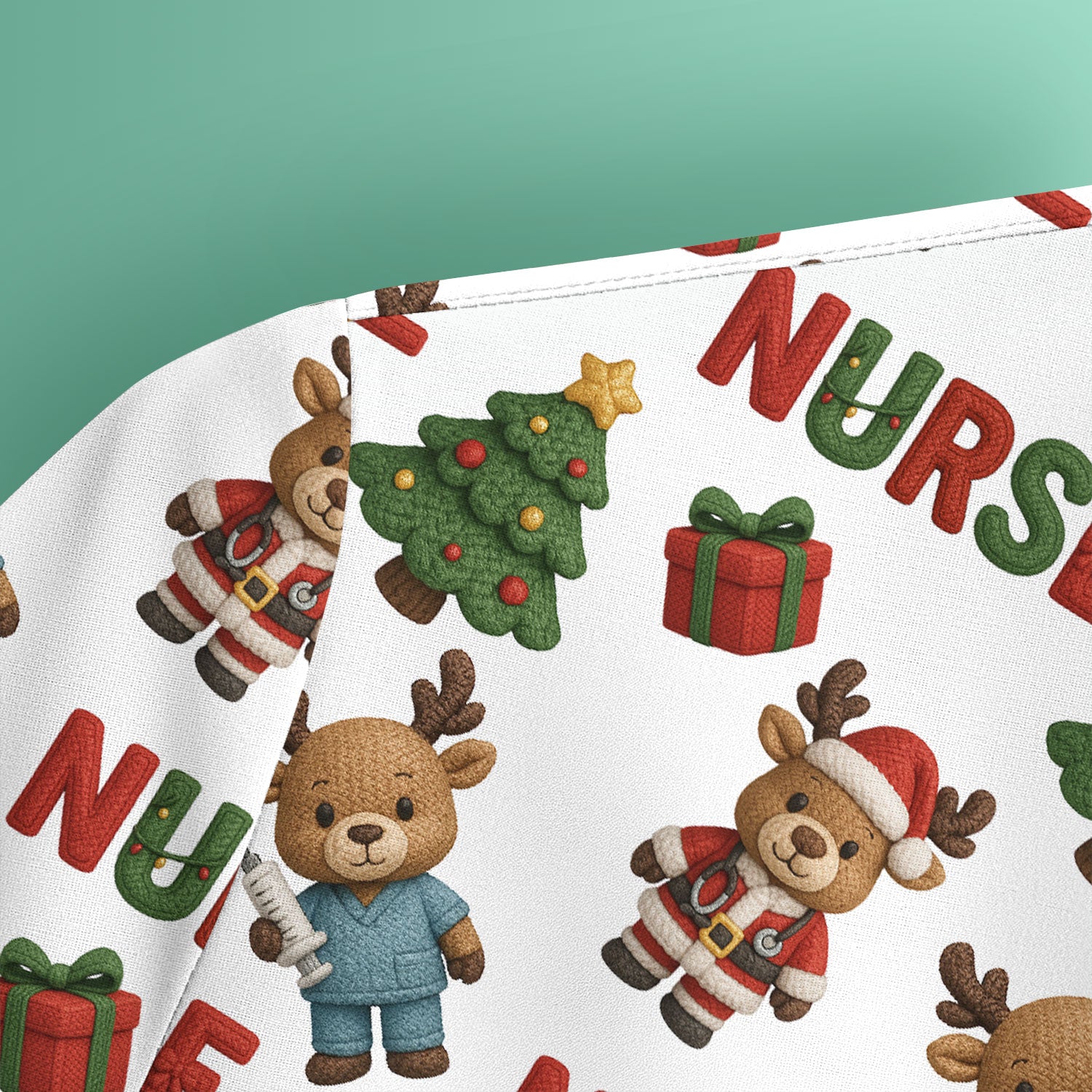 Reindeer Christmas Scrub Top, Cute Holiday Nurse Scrub Shirt, Festive Pattern Nursing Uniform
