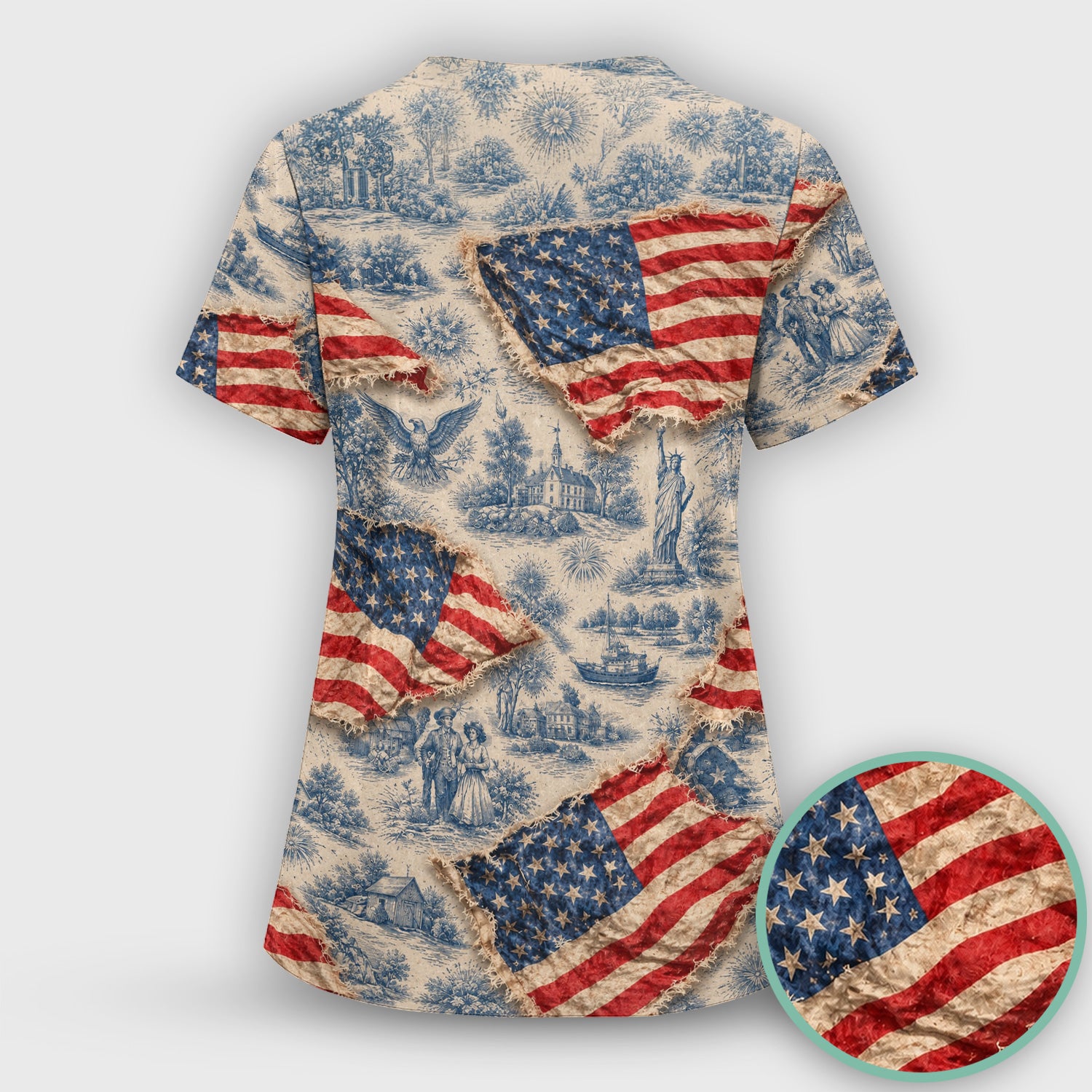 Vintage American Flag Toile Pattern Scrub Set, Scrub Pants and V Neck Top