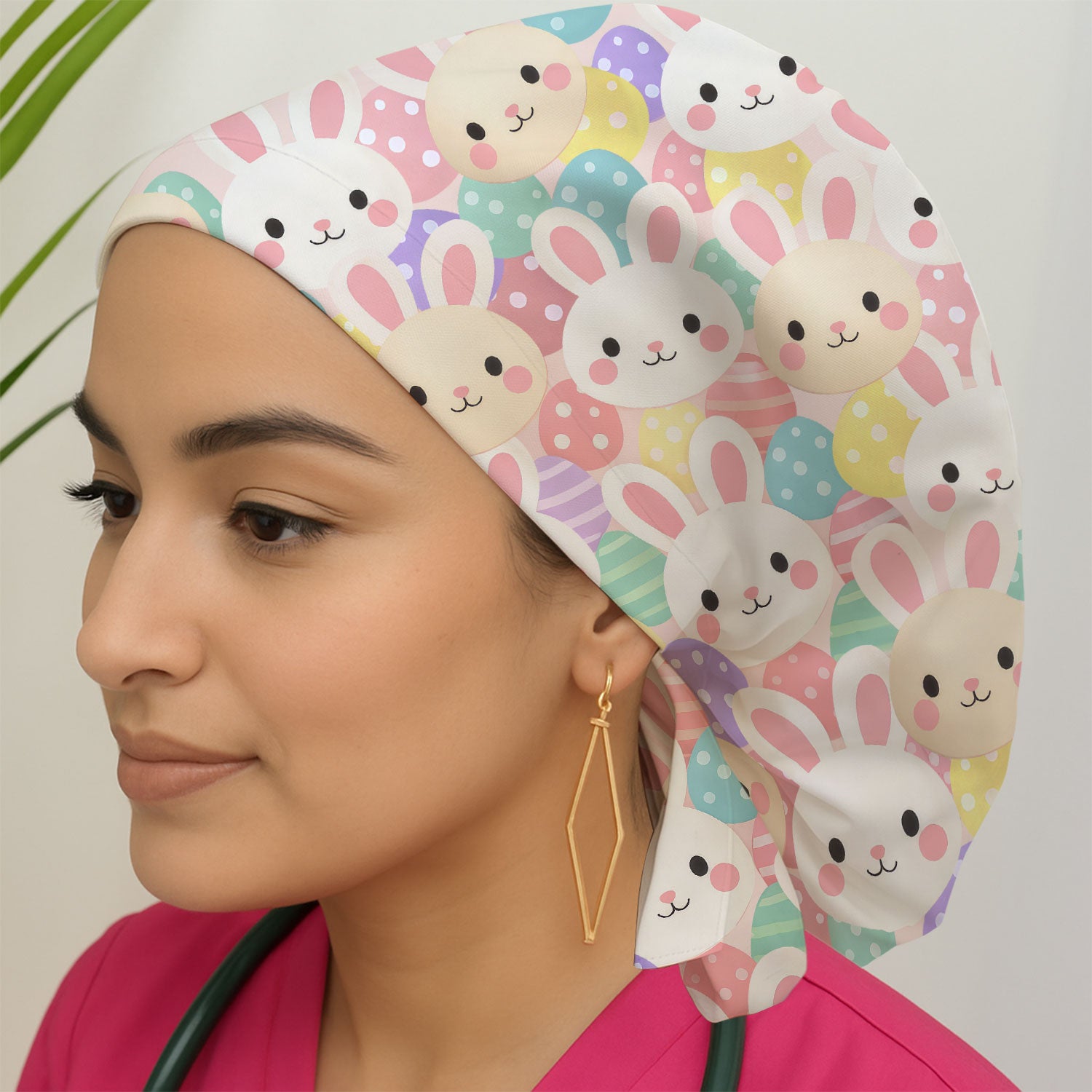 Pastel Bunny Faces Easter Eggs Pattern Caps, Bouffant Scrub Caps for Women