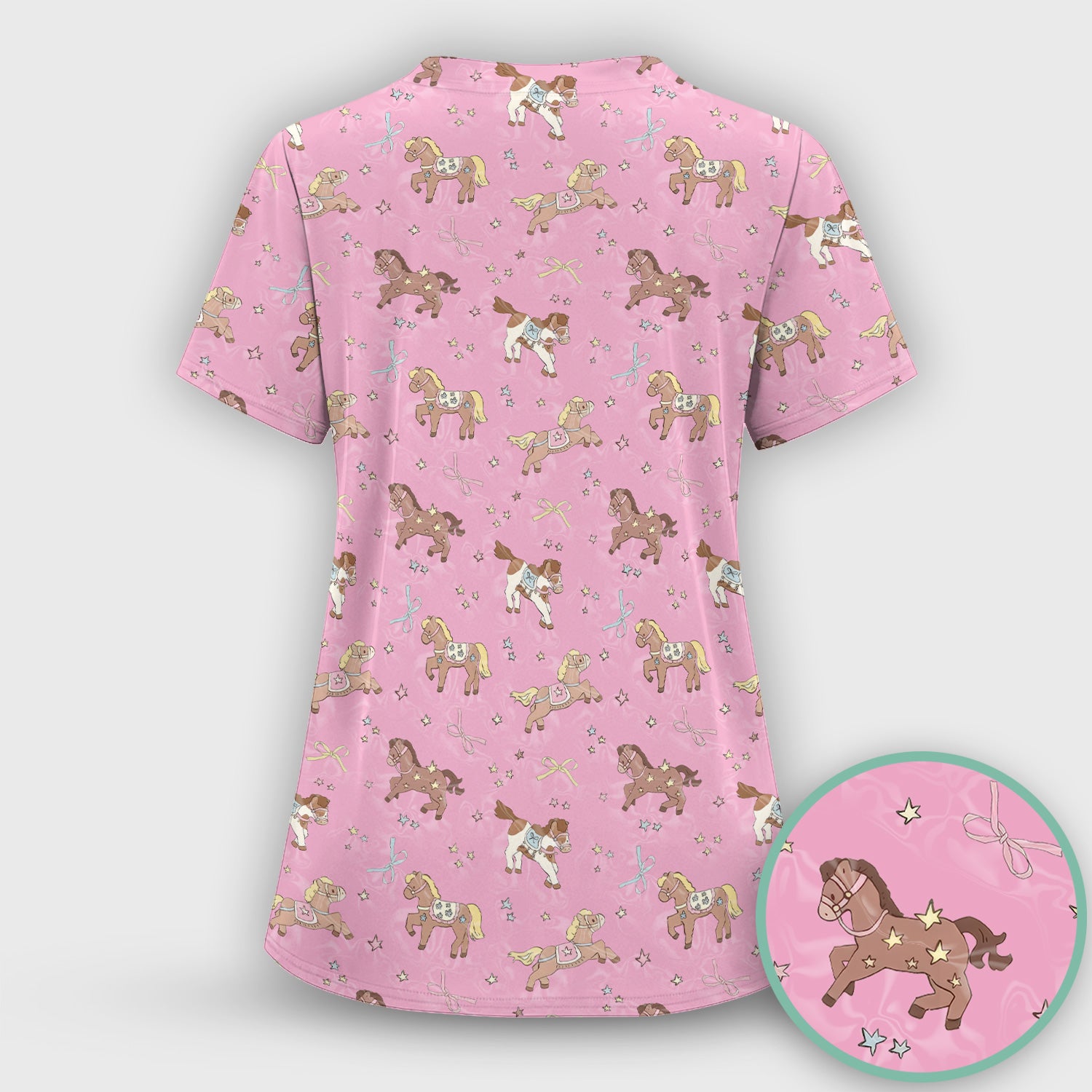 Cute Pony Star Pattern Scrub Top, Comfortable Scrubs for Nurses