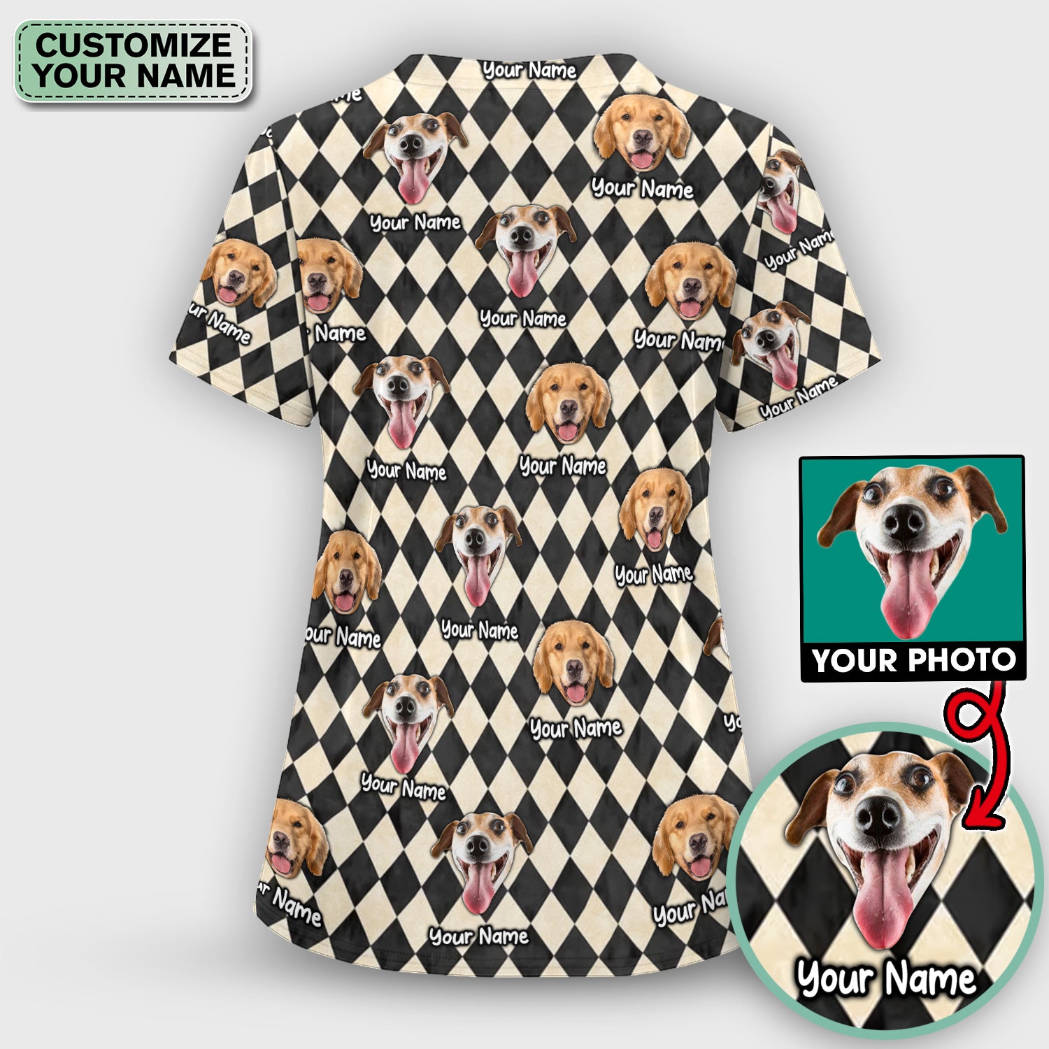 Personalized Pet Portrait Argyle Scrub Set, Scrub Pants and V Neck Top