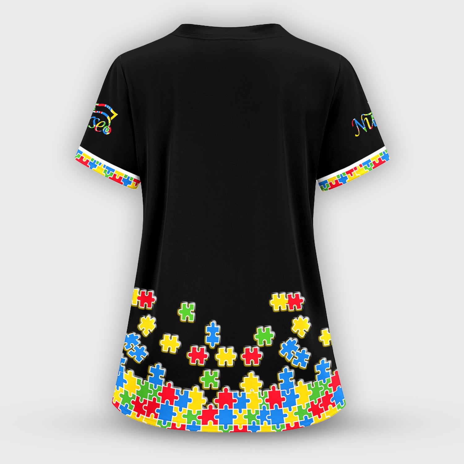Autism Puzzle Bow Colorful Pieces Print Scrub Set, Breathable Med Uniform