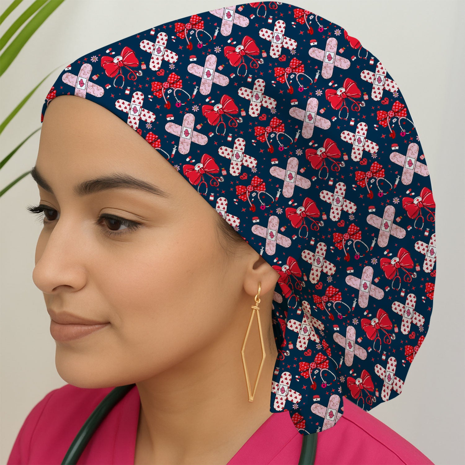 Valentine Nurse Scrub Cap, Red Bow And Heart Bandage Pattern Medical Hat, Breathable Fabrics Nursing Uniform