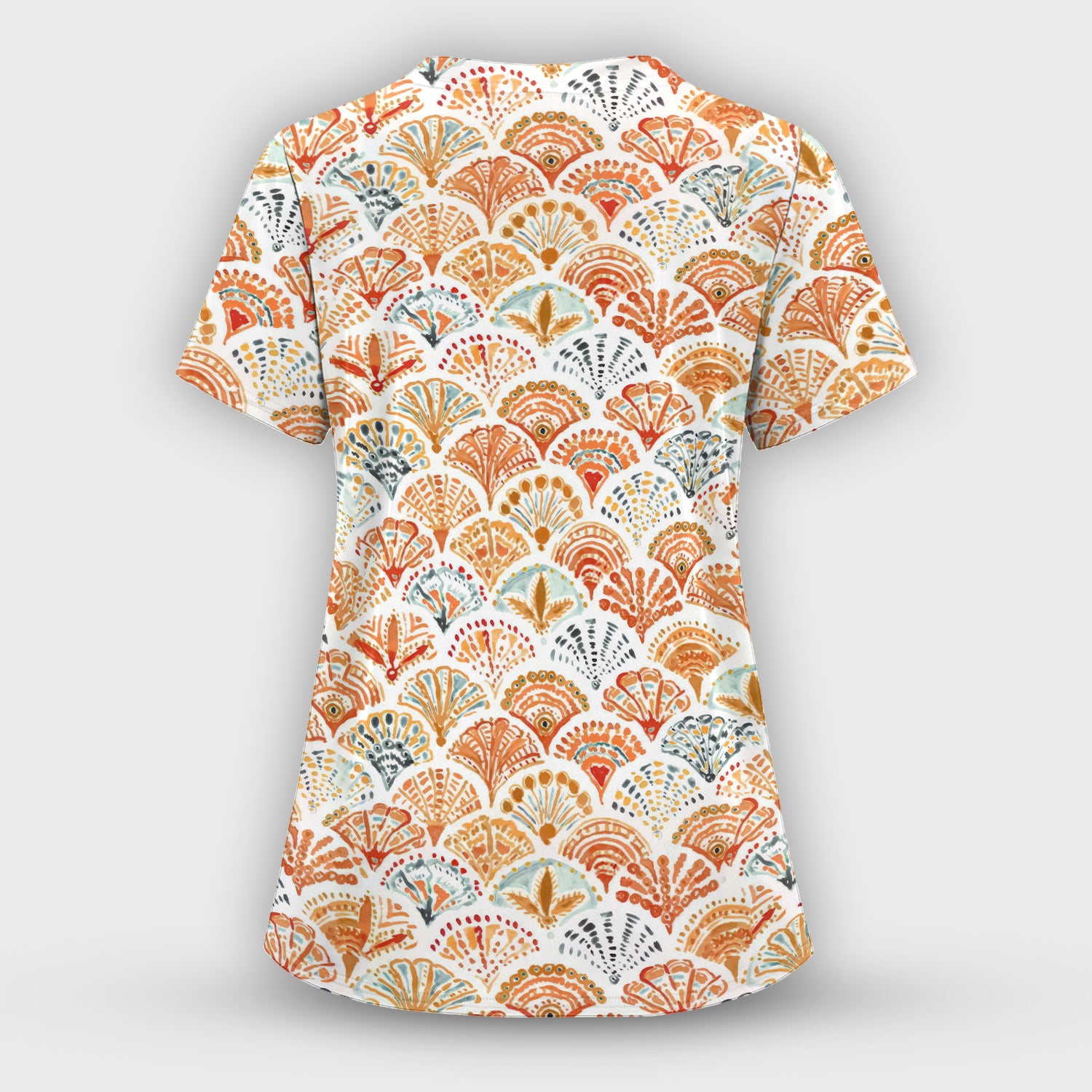 Cute Boho Fan Pattern Scrub Top, Breathable Fabrics Nursing Uniform
