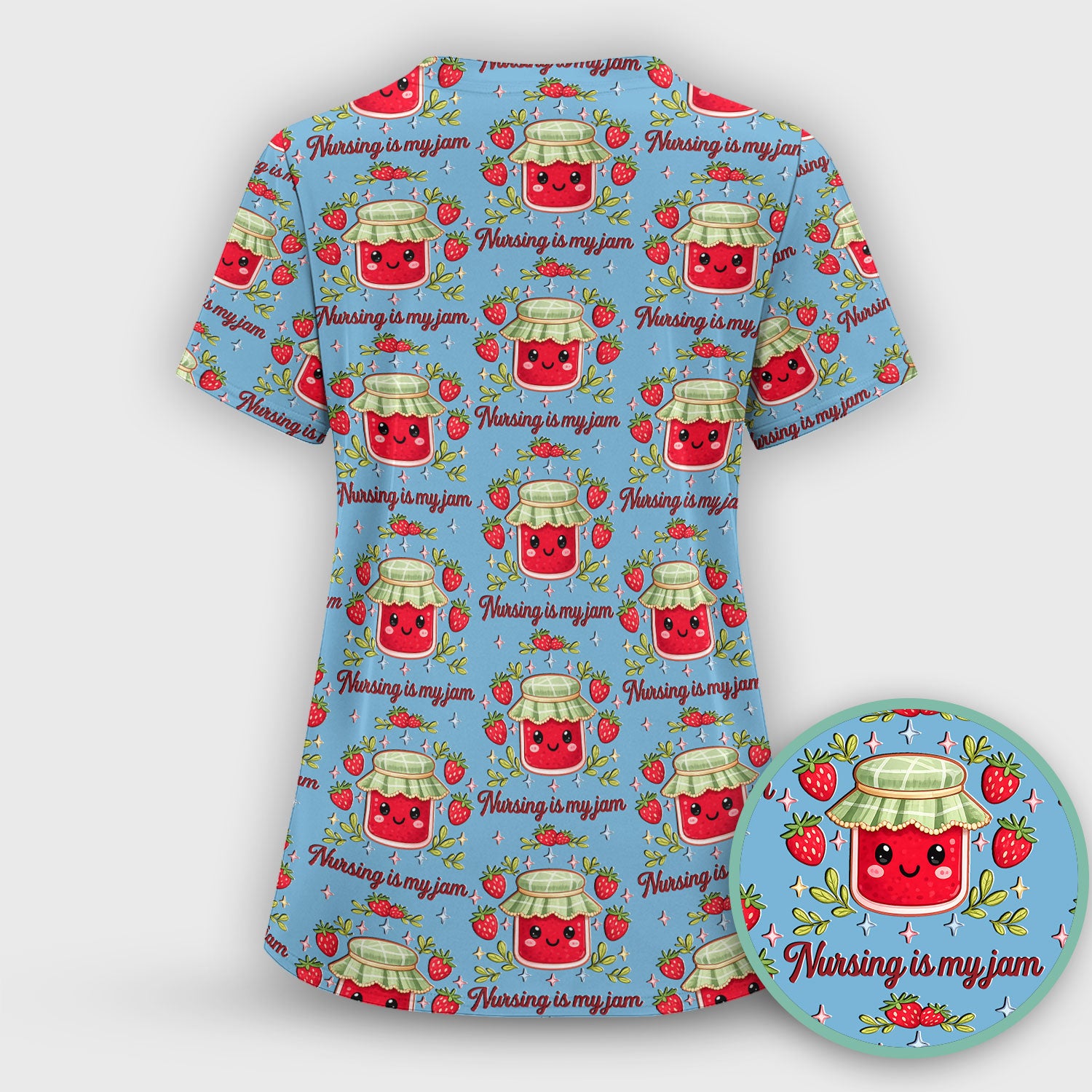 Cute Strawberry Jam Nurse Pattern Scrub Set, Breathable Med Uniform