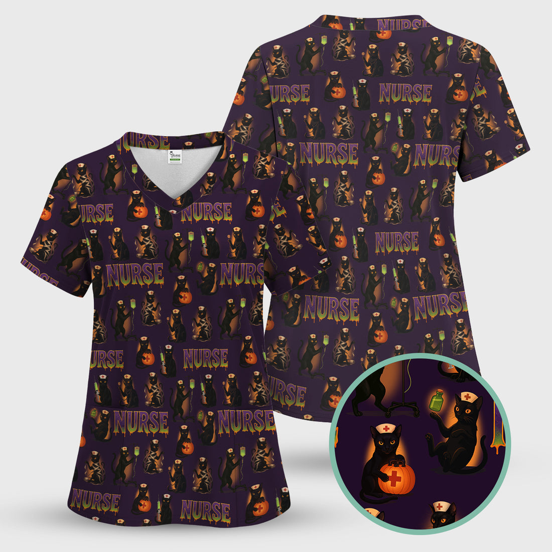 Halloween Nurse Scrub Top for Women - Cute Black Cat and Pumpkin Medical Design - Spooky Gift for RN LPN CNA
