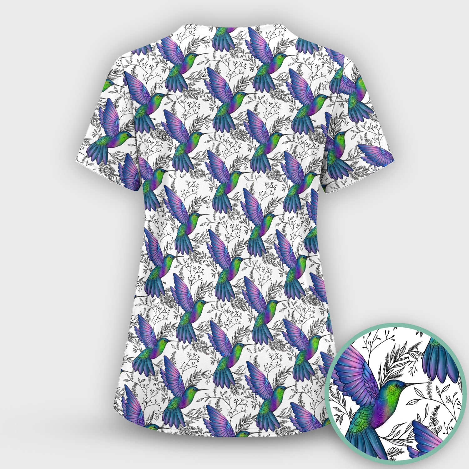 Colorful Hummingbird Flying Botanical Pattern Scrub Top, Comfortable Scrubs for Nurses